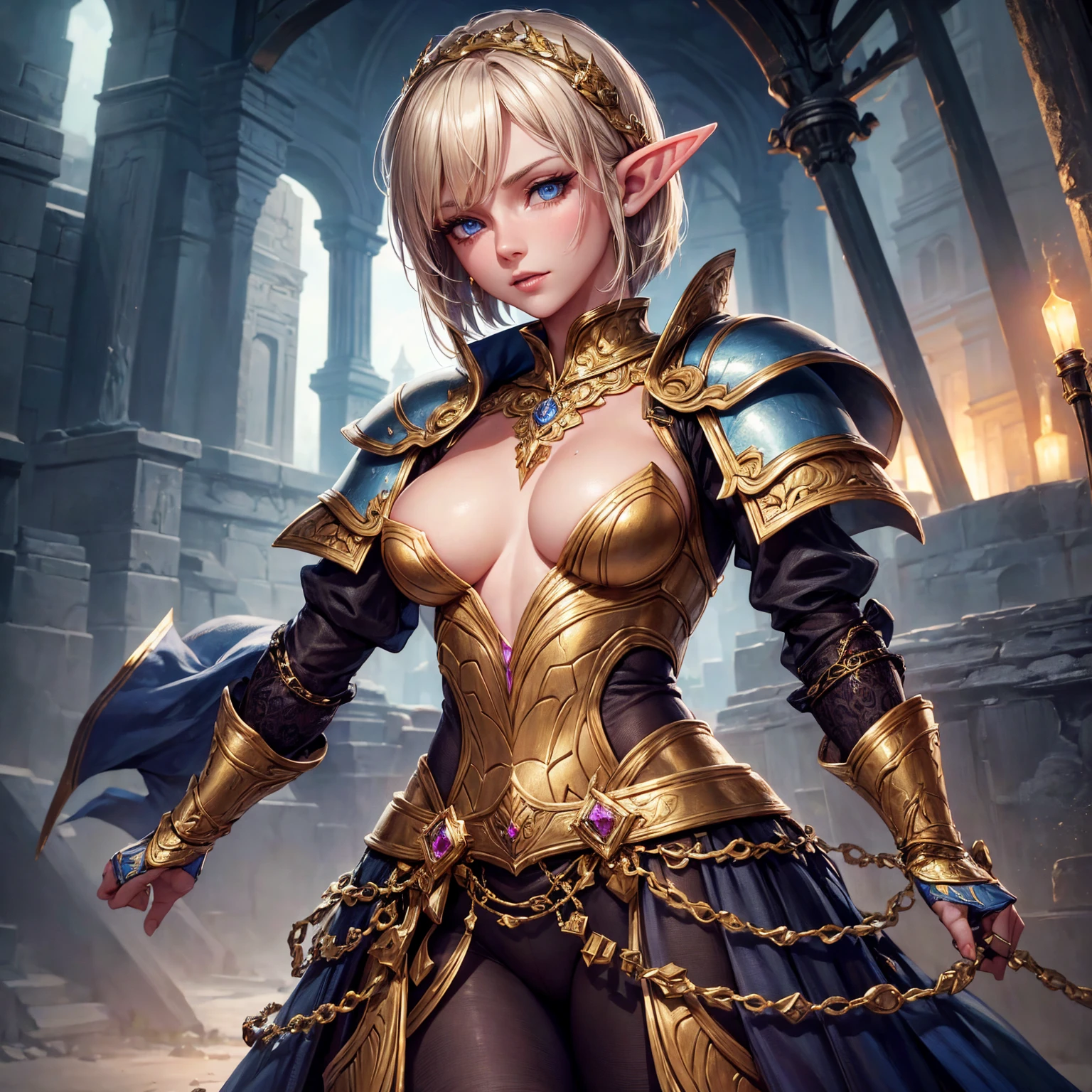a woman, 1girl, elf, short bob gold hair, gold hair, very small breasts, long pointed ears, blue eyes, fair skin, happy face, heavy white armor plate, full body, full body, night, graveyard, light magic, very sexy body, detailed face, beautiful detailed eyes, beautiful detailed lips, extremely detailed eyes and face, long eyelashes, detailed clothing, intricate details, highly detailed, photo realistic, 8k, best quality, masterpiece, cinematic lighting, dramatic lighting, vibrant colors, fantasy, digital art, concept art