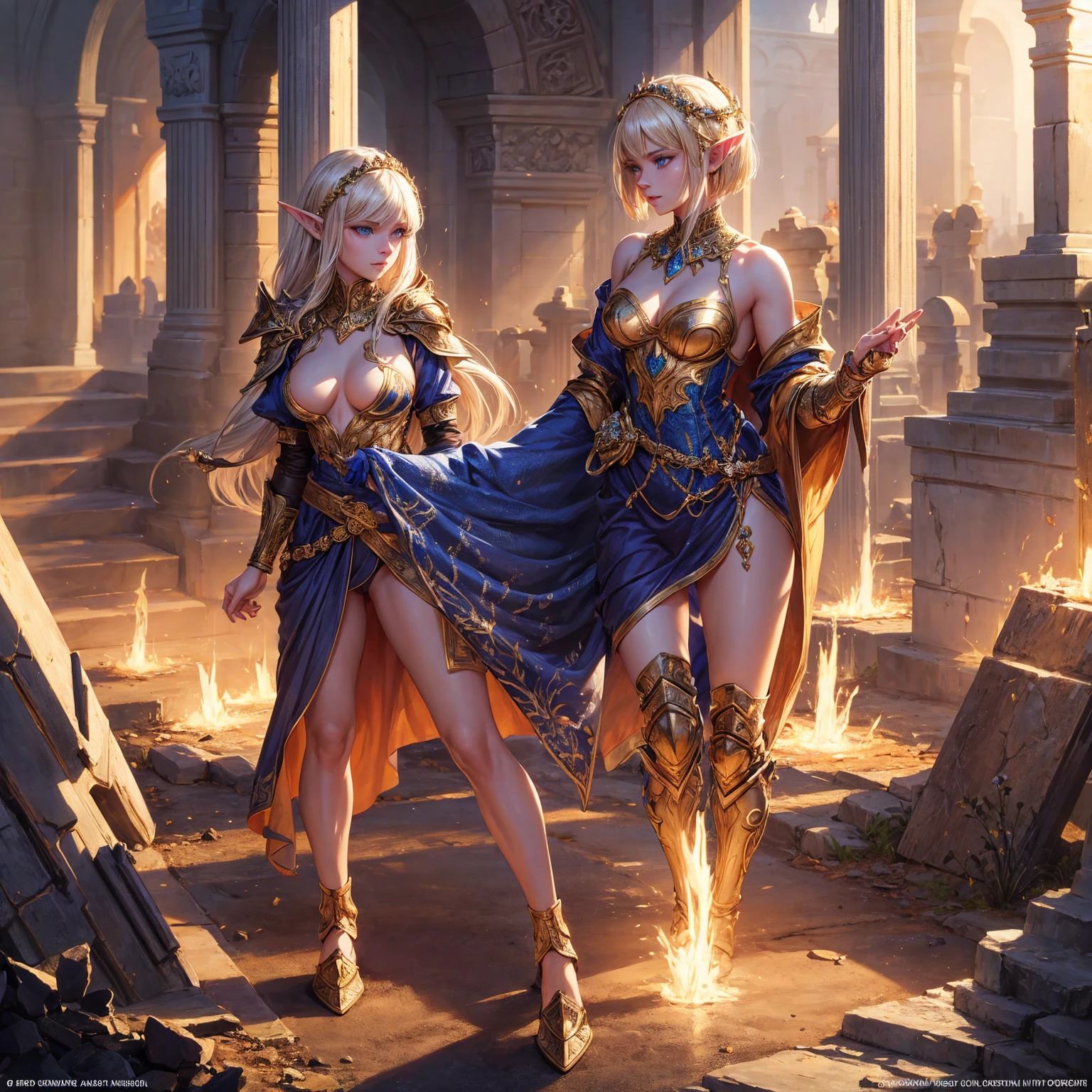 a woman, 1girl, elf, short bob gold hair, gold hair, very small breasts, long pointed ears, blue eyes, fair skin, happy face, heavy white armor plate, full body, full body, night, graveyard, light magic, very sexy body, detailed face, beautiful detailed eyes, beautiful detailed lips, extremely detailed eyes and face, long eyelashes, detailed clothing, intricate details, highly detailed, photo realistic, 8k, best quality, masterpiece, cinematic lighting, dramatic lighting, vibrant colors, fantasy, digital art, concept art