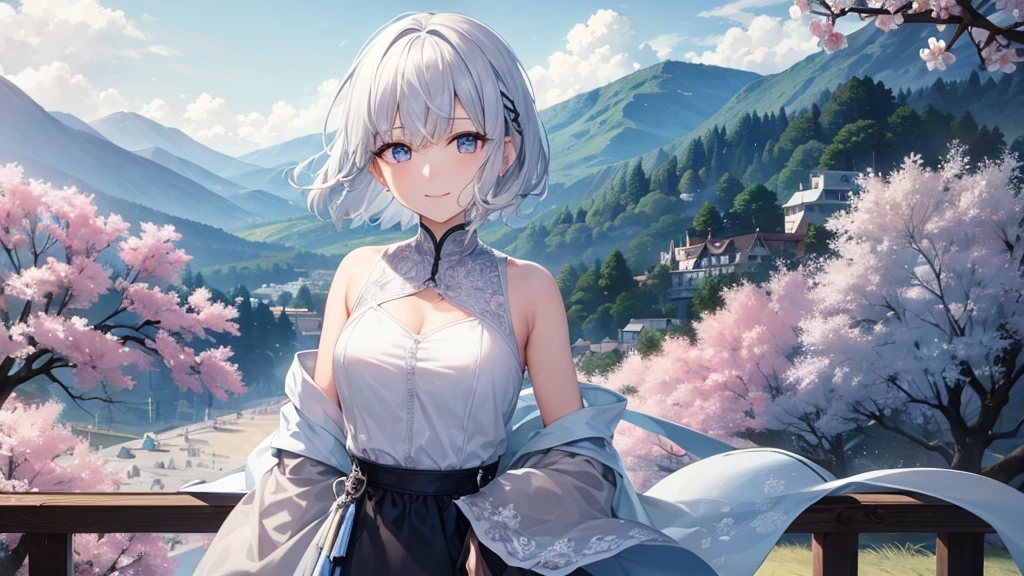 Ultra HD,Look at the viewers, Put your hands behind your back, With a girl, 20-year-old, 非常にShort Hair, Long bangs between the eyes, Pale blue eyes,  Very detailed,(masterpiece、Highest quality),Gray Hair、Laughter、Fantastic, Silver Hair, Iris,  Short hair、 Fluttering Hair、Small Face、明るいsmile、(Detailed face) ,Professional Lighting,Wonderful landscape,blue sky, sunlight,Looking down from above,Portraiture、Open your mouth、Flower Field、Her eyes were shining、Mysterious and enchanting atmosphere。With AI Painting、とてもShort Hair, Long bangs between the eyes, Very detailed,(masterpiece、Highest quality)、alone、Gray Hair、Fantasy, Silver Hair, Fantasyな風景、White shirt、smile、Open your mouth、short hair、Short Hair、hairpin、black eye、Grey Eyes、Beautiful Eyes、