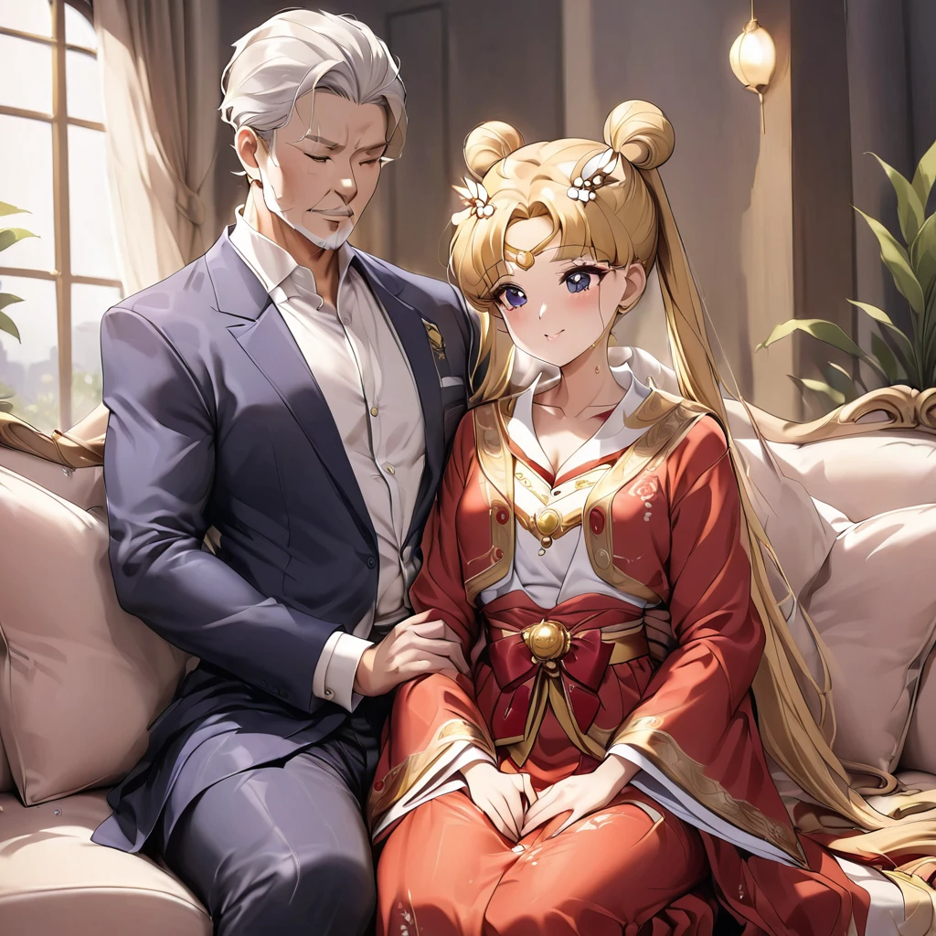 ((Highest quality)), ((masterpiece)), (detailed), (Perfect Face)、The woman is embraced by her daughter who has grown into a beautiful young woman who resembles her.、Mother and daughter、The woman is a Chinese girl named Tsukino Usagi, dressed in a gorgeous, glittering red Hanfu outfit with lots of gold embroidery, a gorgeous hair ornament, gorgeous jeweled accessories and an engagement ring. The two are sitting on a gorgeous, large sofa in a gorgeous room, and the woman is being held in the arms of a dignified, middle-aged Chinese man dressed in Hanfu.、The woman is the elegant Tsukino Usagi, a Chinese woman with long blonde hair in a chignon twin tail and wearing a red Hanfu with gorgeous gold embroidery all over it.、The man is a dignified, muscular, bearded, middle-aged Chinese man wearing the traditional Chinese dress, Hanfu.