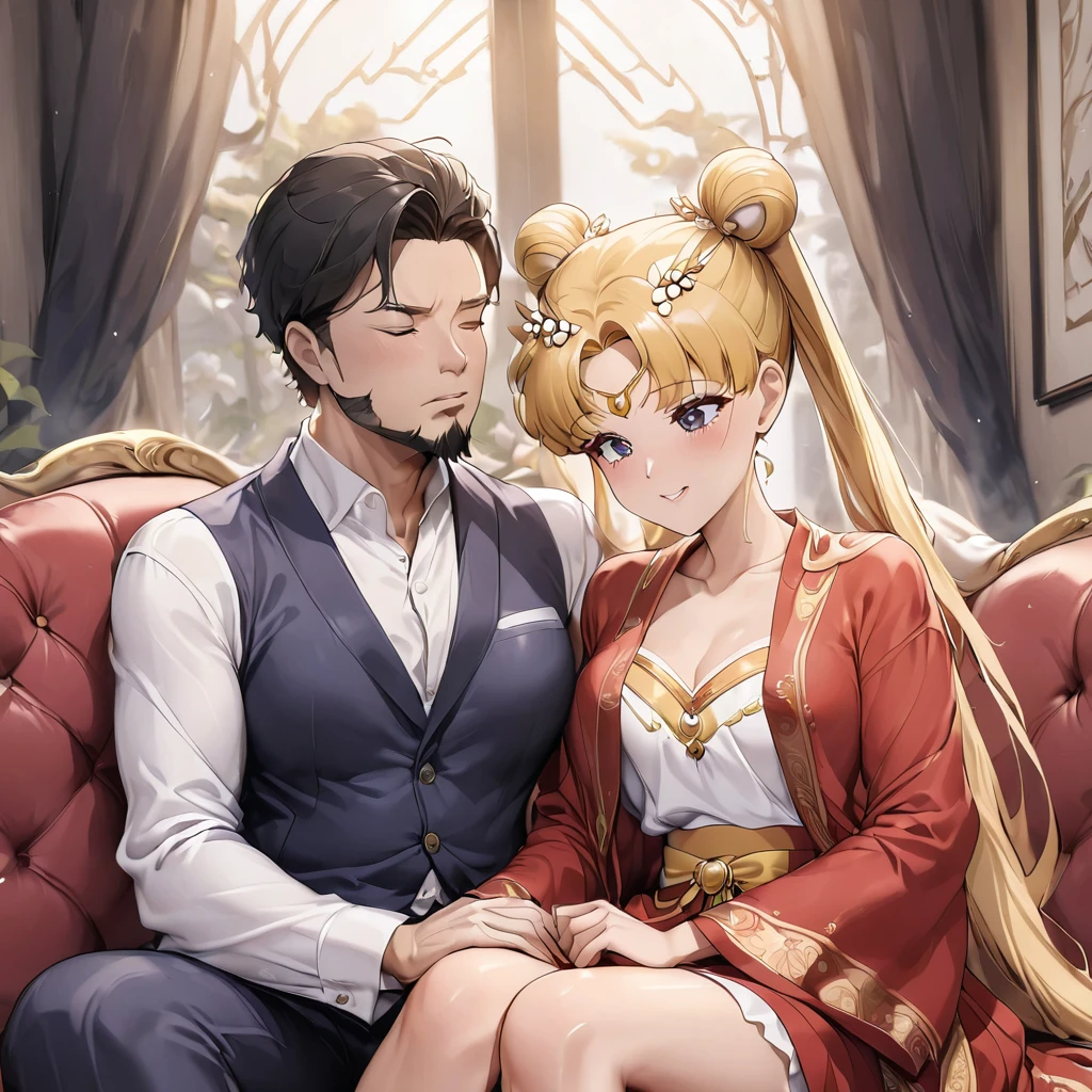 ((Highest quality)), ((masterpiece)), (detailed), (Perfect Face)、The woman is embraced by her daughter who has grown into a beautiful young woman who resembles her.、Mother and daughter、The woman is a Chinese girl named Tsukino Usagi, dressed in a gorgeous, glittering red Hanfu outfit with lots of gold embroidery, a gorgeous hair ornament, gorgeous jeweled accessories and an engagement ring. The two are sitting on a gorgeous, large sofa in a gorgeous room, and the woman is being held in the arms of a dignified, middle-aged Chinese man dressed in Hanfu.、The woman is the elegant Tsukino Usagi, a Chinese woman with long blonde hair in a chignon twin tail and wearing a red Hanfu with gorgeous gold embroidery all over it.、The man is a dignified, muscular, bearded, middle-aged Chinese man wearing the traditional Chinese dress, Hanfu.