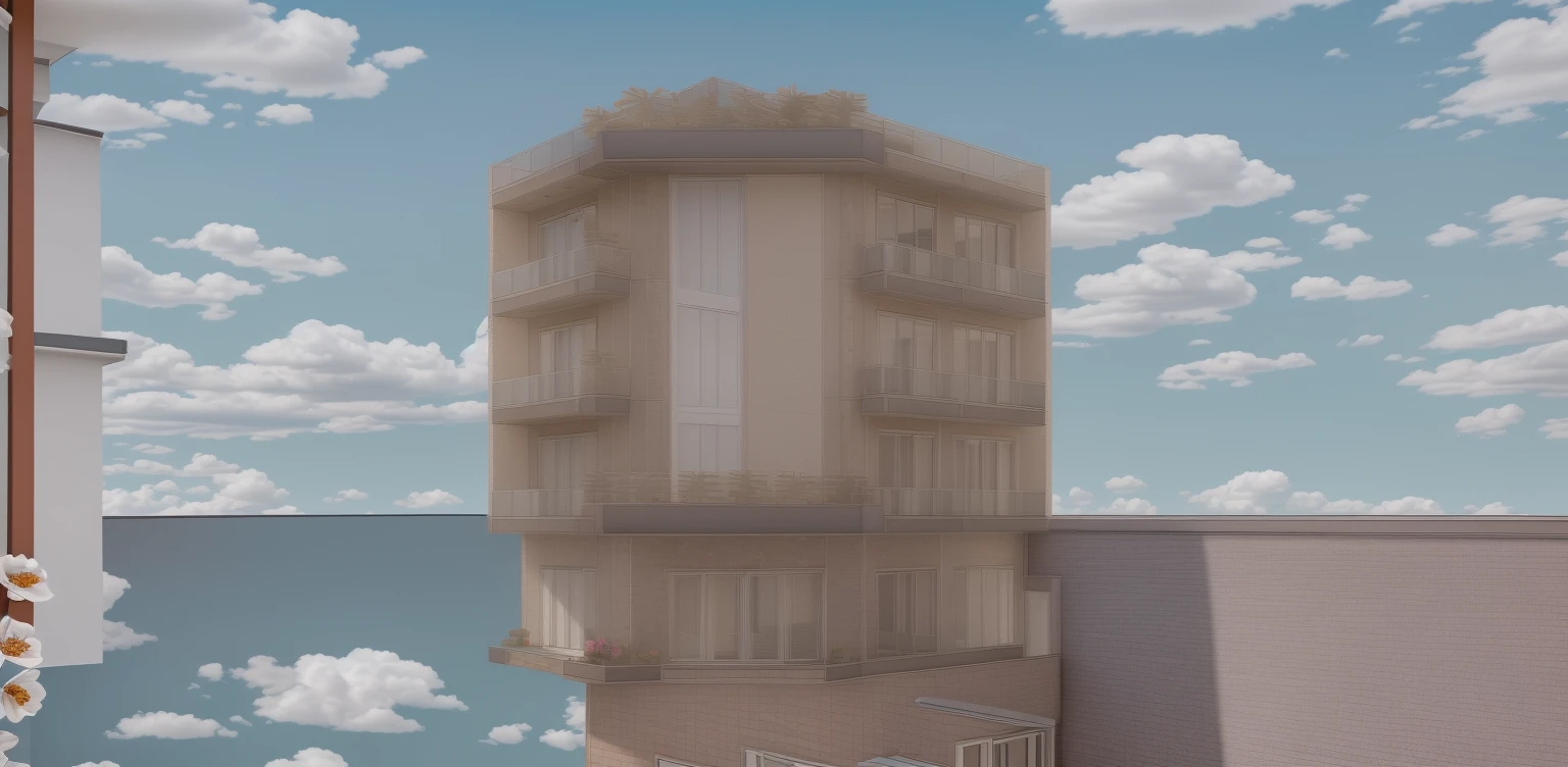 The 2-front corner townhouse has a glass railing balcony, the residential area around the townhouse has different heights and has natural light. There are flower beds, trees and asphalt roads for cars