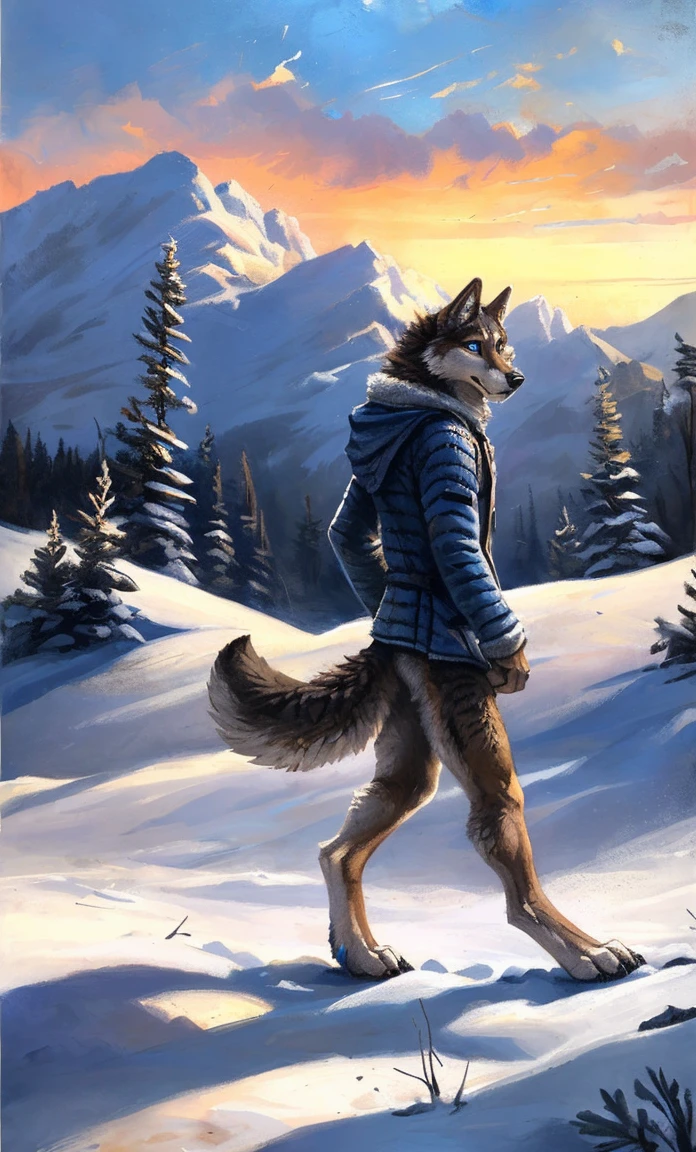 ((Solo)), male people, anthro wolf, (Multi-colored fur, White-brown:1.3，White tail pointed), (Height 4 .7m,Tail length 3.2m), ((Wolf face, Big eyes, White eyelids, Blue pupil, Slim:1.2) (Tough, Calm expression:1.2)), Slim, pinging)), (Correct anatomy), (Winter clothing:1.1), The upper body  naked, (detailed outfits),A long big tail，Feet，(Realistic fur, Detailed fur texture, labeled:1.3)), (Natural lighting), Photorealistic, Hyperrealistic, ultradetailed, by Kenket，Snowfield，erect through，Running on