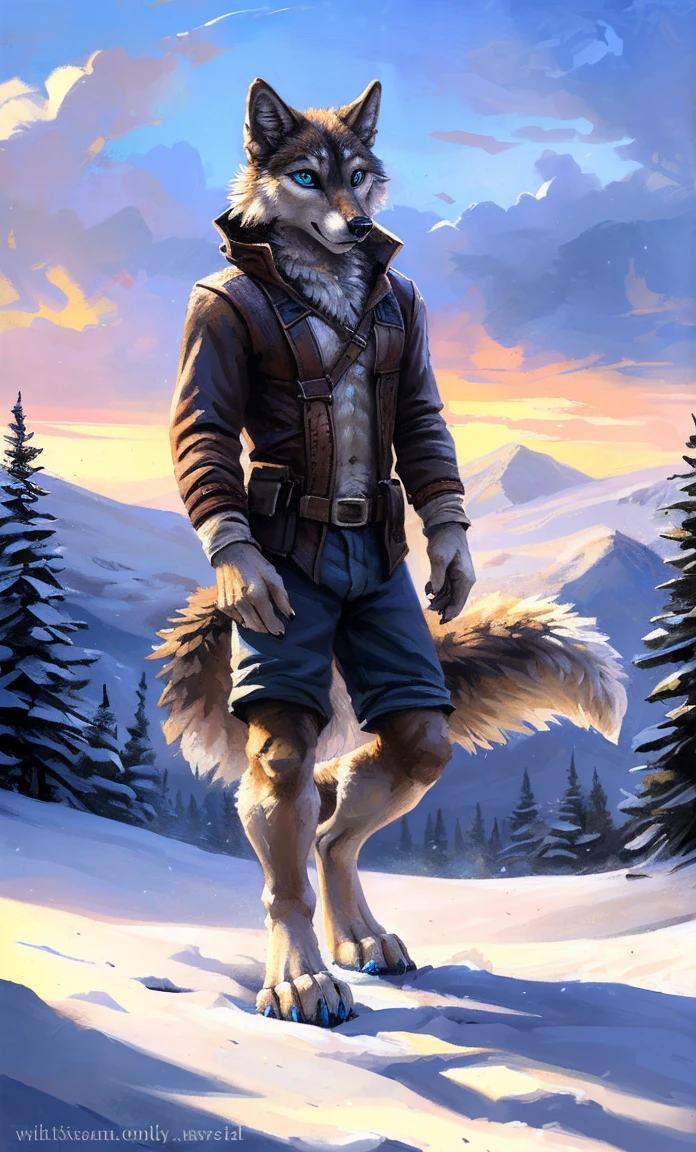 ((Solo)), male people, anthro wolf, (Multi-colored fur, White-brown:1.3，White tail pointed), (Height 4 .7m,Tail length 3.2m), ((Wolf face, Big eyes, White eyelids, Blue pupil, Slim:1.2) (Tough, Calm expression:1.2)), Slim, pinging)), (Correct anatomy), (Winter clothing:1.1), The upper body  naked, (detailed outfits),A long big tail，Feet，(Realistic fur, Detailed fur texture, labeled:1.3)), (Natural lighting), Photorealistic, Hyperrealistic, ultradetailed, by Kenket，Snowfield，erect through，Running on