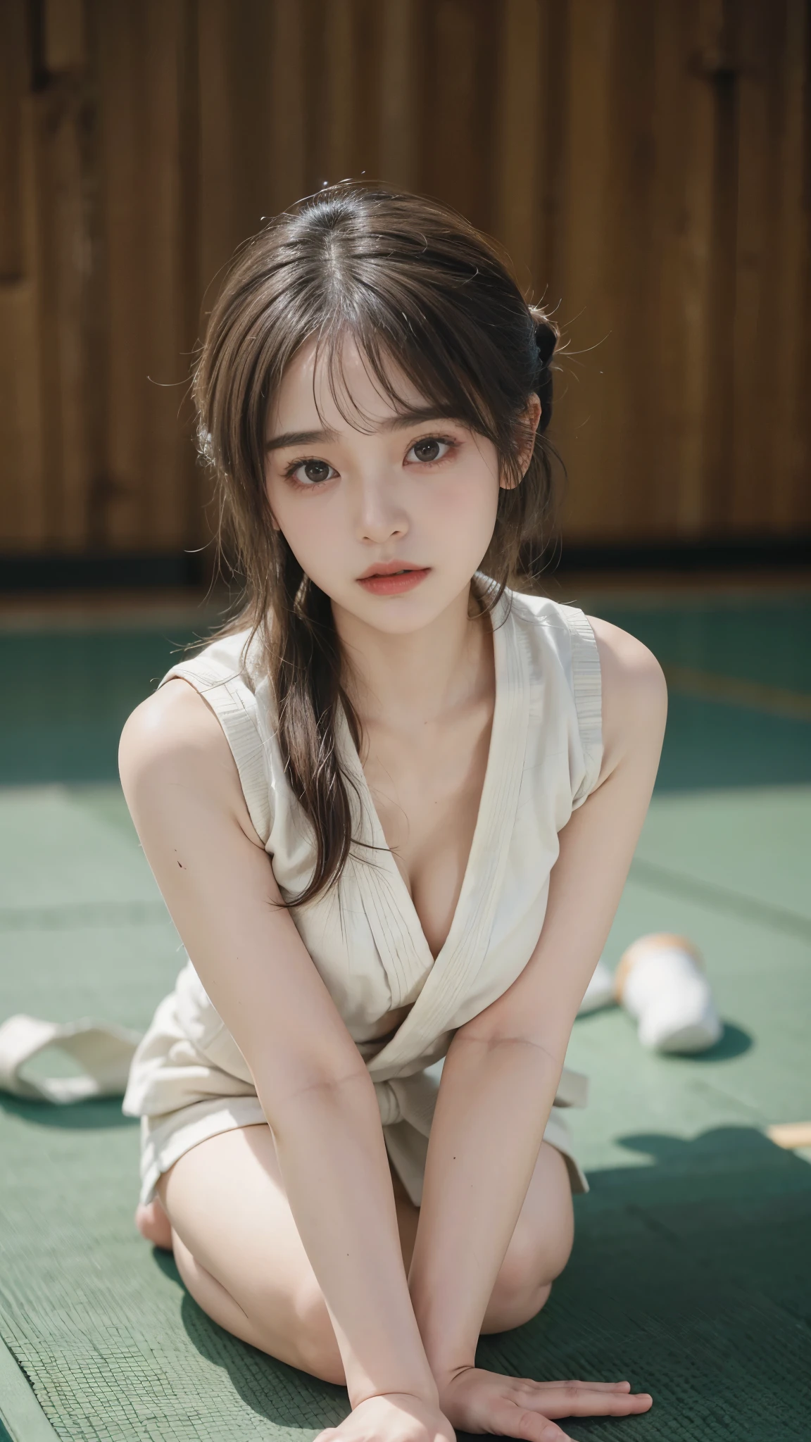 (RAW Image Quality, masterpiece:1.2, 8K resolution, Ultra high definition), ((Prone, Girl crawling forward:1.3)), On the tatami mats of the judo hall, ((Wearing a judogi:1.3)), attractive, ((Naughty look, blush)), (Small beautiful breasts, Cleavage),  girl, Muse, amazing, Ultra-realistic volume details, ((Detailed eyes and face:1.2, Professional photography techniques)), Photorealism, View the viewer, (Detailed hands), (Perfect Anatomy:1.3)