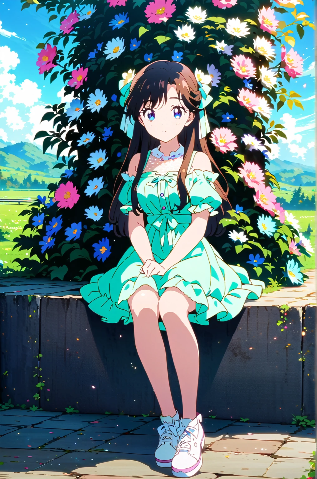(Ultra-detailed illustrations:1.2),Anime girl sitting on a wall with flowers in her hair, Cute girl anime visuals, In a dress, Beautiful Anime girl, Young Anime Girl, Cute anime waifu in a nice dress, Beautiful Anime, Anime Moe Art Style, Cute Anime Girl, High quality anime art style, Beautiful Anime art style, Beautiful Anime style, Beautiful Anime portrait, Anime full body illustration