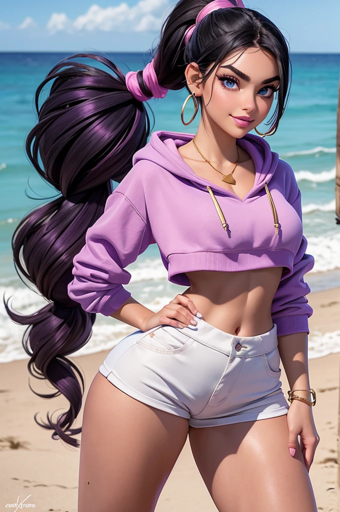 beautiful, 18 year old girl, slim body, (black hair [purple highlights]), blue eyes, pink lipstick, mascara, blush, beautiful eyebrows, white crop top hoodie, soft skin, gold necklace, ponytail, short shorts, smirk, on the beach, (full body shot), looking back at the viewer