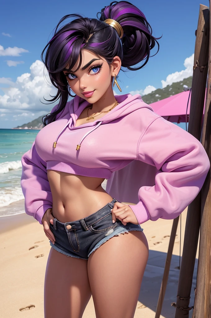 beautiful, 18 year old girl, slim body, (black hair [purple highlights]), blue eyes, pink lipstick, mascara, blush, beautiful eyebrows, white crop top hoodie, soft skin, gold necklace, ponytail, short shorts, smirk, on the beach, (full body shot), looking back at the viewer