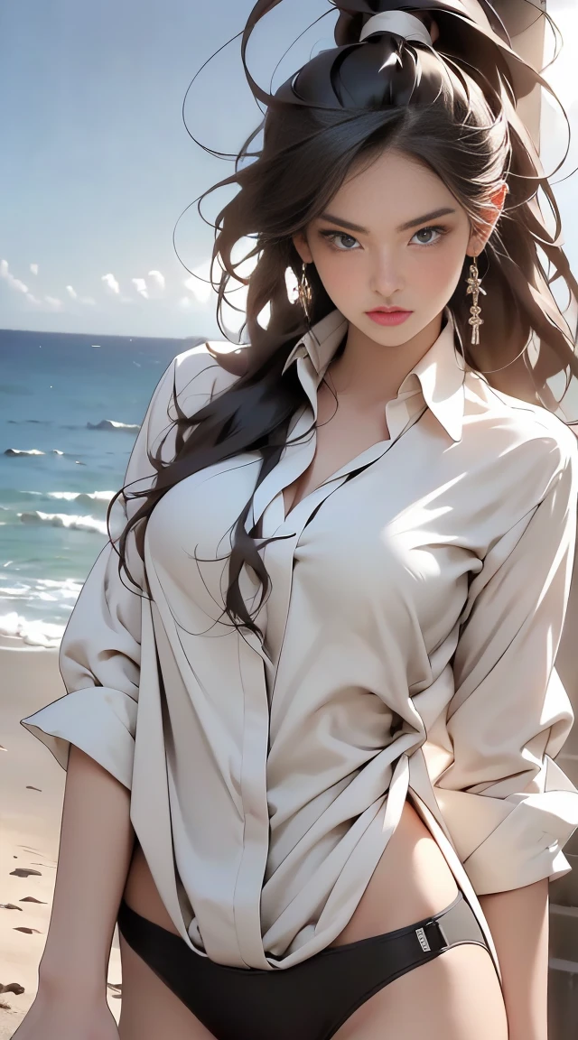 ((masterpiece, Best quality, a high resolution, ultra detailed),(beautiful and aesthetically pleasing:1.2), 1 woman, adult, perfect body, Wavy dark hair, green eyes, hair pulled back into a beautiful ponytail, Detailed eyes and face, long oversized shirt, swimsuit, bikini, golden hour, beach, sea, sand, Palma, complex parts, full body, beachные шлепки, 