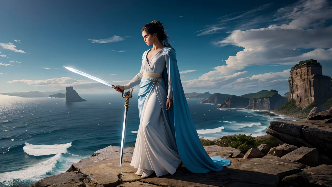 A spellbinding scene unfolds atop a windswept cliff, where a mystical figure stands in focus: a fierce warrior wielding a gleaming sword. An enigmatic wizard, bathed in a soft light, weaves magic with intricate gestures. Their celestial aura is enhanced by a flowing blue cloak billowing in the tempestuous wind. This vivid tableau, perhaps a stunning painting, radiates exceptional detail and artistry, evoking a sense of awe and intrigue.