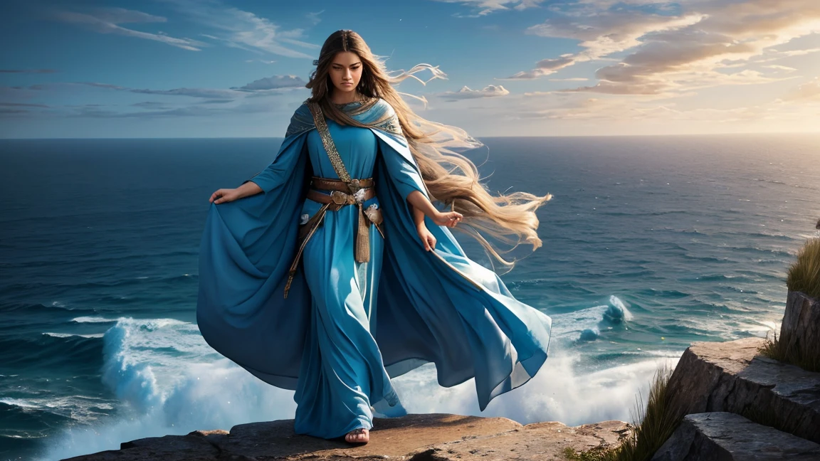 A spellbinding scene unfolds atop a windswept cliff, where a mystical figure stands in focus: a fierce warrior wielding a gleaming sword. An enigmatic wizard, bathed in a soft light, weaves magic with intricate gestures. Their celestial aura is enhanced by a flowing blue cloak billowing in the tempestuous wind. This vivid tableau, perhaps a stunning painting, radiates exceptional detail and artistry, evoking a sense of awe and intrigue.