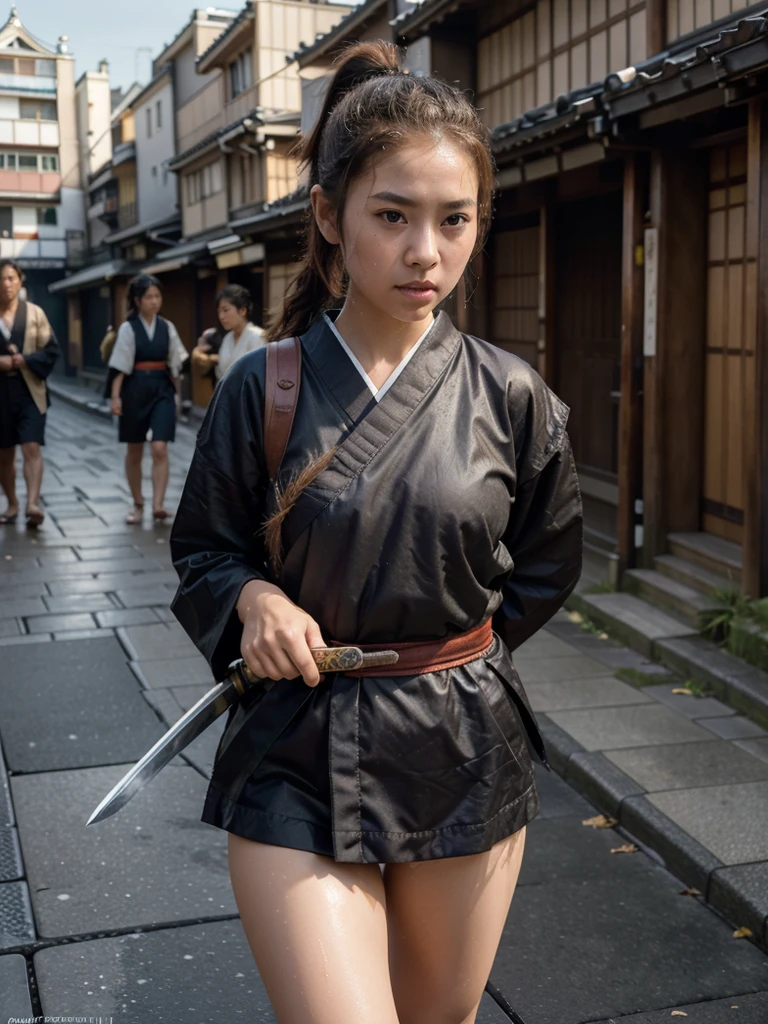 (full-body view, action shot:1.2), score_8_up, score_7_up, (a , adorably cute Japanese girl:1.2), (wearing a ronin samurai costume), realistic mouth, perfect eyes, thin lips, blushing cheeks, symmetrical face, bare face no make-up, accurate face, with realistic natural skin, (soaked in sweat:1.1), subtle pores, tiny wrinkles, highly detailed skin, (short-length hair, ponytail hairstyle, messy hair), voluminous hair, (Unsheathing her katana sword), ((at the bustling street of edo period Tokyo )), (at the dusk), realistic background, natural background, realistic perspective, accurate perspective, realistic proportion, best quality photos, hyper-realistic, photorealistic, realism, highly detailed, masterpiece, conceptual photography, fine-art photography, natural lighting, dynamic lighting, key visual, film still, 8K photo, UHD, HDR, taken with Canon EOS-1D X Mark III, depth of field, Technicolor, Panavision, cinemascope, cinematic color grading, dramatic angle, extreme angle shot