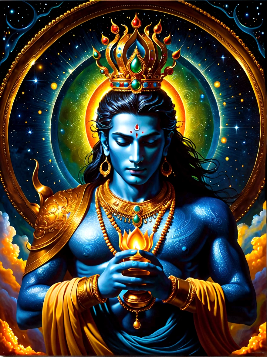A cosmic scene featuring an extraterrestrial entity with demonic characteristics. The entity's form is composed of phosphorescent light, resembling the cosmic bodies in the dark universe around it. It is presented in a grand, epic manner, with it overlooking the Earth and radiating a mysteriously dark fire. The entity carries both esoteric and hidden aspects, akin to the Hindu god Shiva. A royal atmosphere fills the background, showcasing a large regal, intricate crown, indicative of high-ranking royal jewelry. Elements of both nature and robotics are woven into its design. The full shot is symmetrical, giving way to a balanced composition. Interplay of hyperrealistic textures and dynamic lighting creates a fantastical look. Note that the style should resemble pre-20th century romanticism in oil painting, highlighting dramatic, emotional impacts.