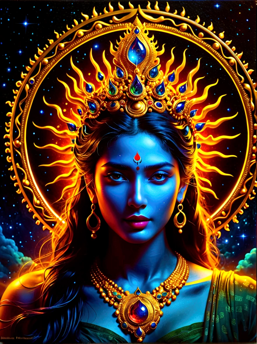A cosmic scene featuring an extraterrestrial entity with demonic characteristics. The entity's form is composed of phosphorescent light, resembling the cosmic bodies in the dark universe around it. It is presented in a grand, epic manner, with it overlooking the Earth and radiating a mysteriously dark fire. The entity carries both esoteric and hidden aspects, akin to the Hindu god Shiva. A royal atmosphere fills the background, showcasing a large regal, intricate crown, indicative of high-ranking royal jewelry. Elements of both nature and robotics are woven into its design. The full shot is symmetrical, giving way to a balanced composition. Interplay of hyperrealistic textures and dynamic lighting creates a fantastical look. Note that the style should resemble pre-20th century romanticism in oil painting, highlighting dramatic, emotional impacts.
