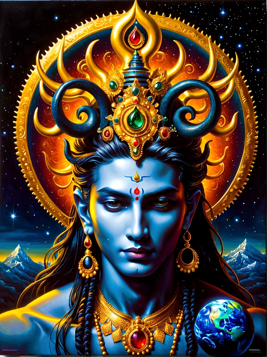 A cosmic scene featuring an extraterrestrial entity with demonic characteristics. The entity's form is composed of phosphorescent light, resembling the cosmic bodies in the dark universe around it. It is presented in a grand, epic manner, with it overlooking the Earth and radiating a mysteriously dark fire. The entity carries both esoteric and hidden aspects, akin to the Hindu god Shiva. A royal atmosphere fills the background, showcasing a large regal, intricate crown, indicative of high-ranking royal jewelry. Elements of both nature and robotics are woven into its design. The full shot is symmetrical, giving way to a balanced composition. Interplay of hyperrealistic textures and dynamic lighting creates a fantastical look. Note that the style should resemble pre-20th century romanticism in oil painting, highlighting dramatic, emotional impacts.
