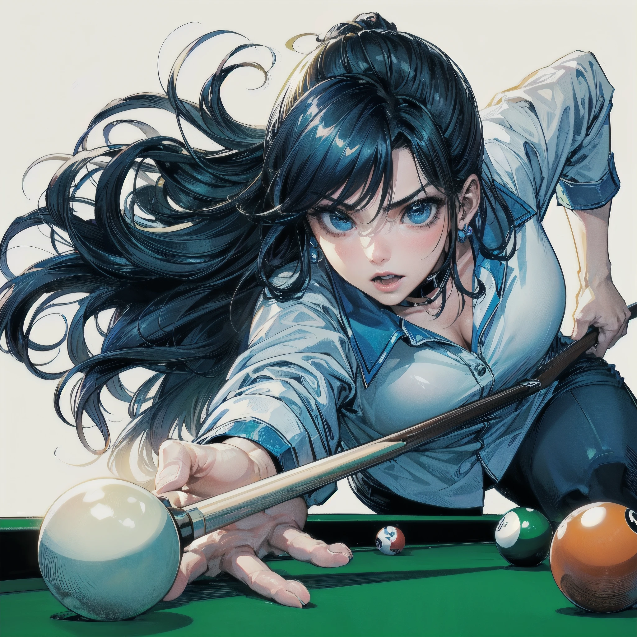  masterpiece, (textured skin), best quality, gorgeous beautiful girl, (a female billiard athlete), detailed clothes,large breasts,narrow waist,, (beautiful face), cinematic lighting, (at billiard venue ),