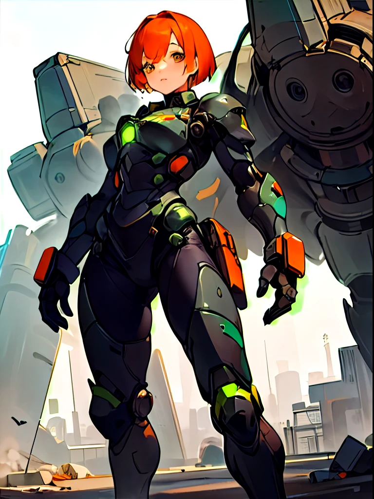 (masterpiece, best quality), (1girl, solo), short hair, orange hair, green eyes, dead eyes, standing, big bulky futuristic armora woman in a black orange suit of armor, Parrley_armor