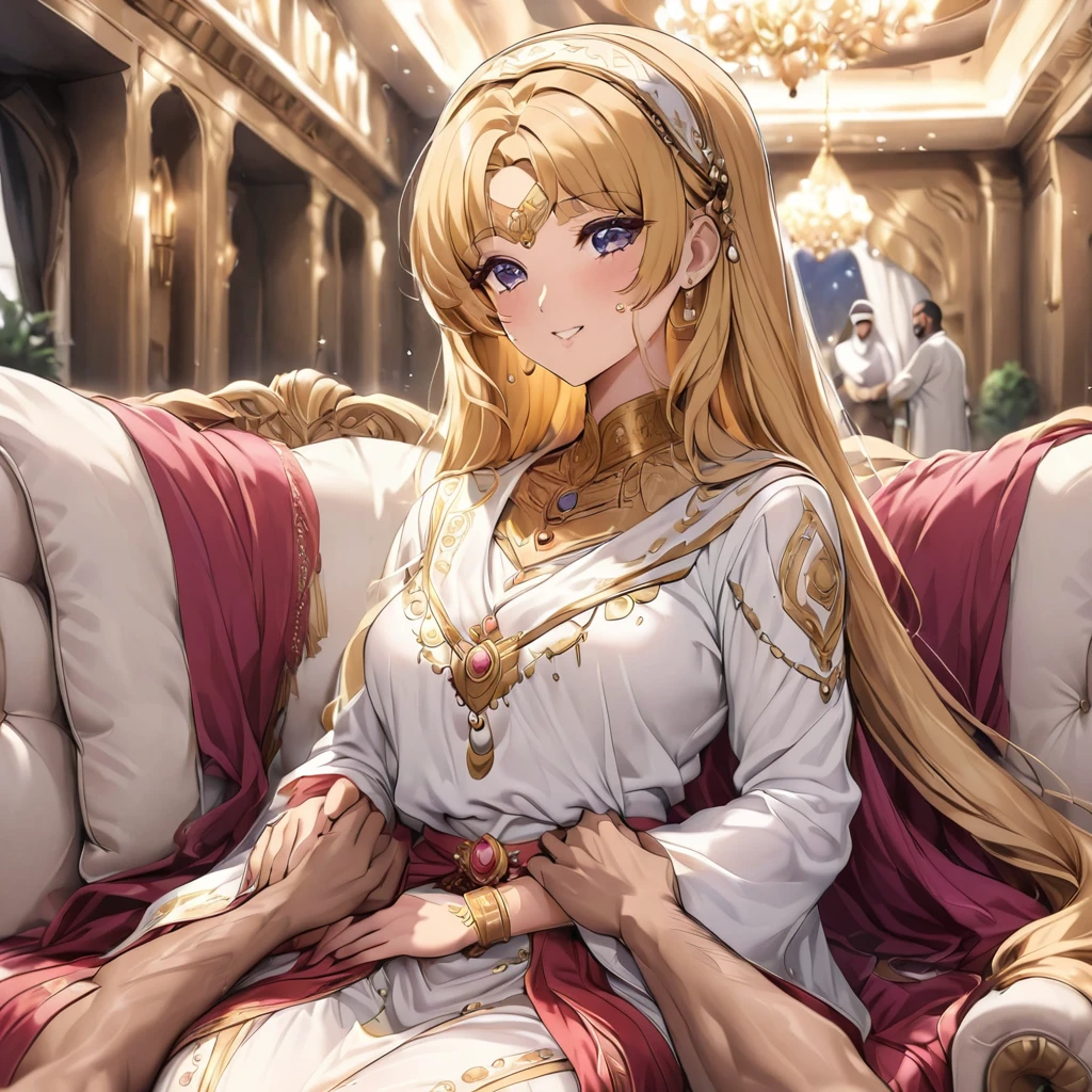 ((Highest quality)), ((masterpiece)), (detailed), (Perfect Face)、The woman is embraced by her daughter who has grown into a beautiful young woman who resembles her.、Mother and daughter、The woman is Tsukino Usagi, an Arab Muslim with vivid brown skin, and is wearing a gorgeous, glittering Arab national costume with gold embroidery, a gorgeous hijab, a gorgeous hair ornament, gorgeous jeweled accessories, and an engagement ring in a luxurious Islamic mansion. The woman and the man are sitting on a luxurious, large sofa in the luxurious room, and the woman is being held in the arms of a dignified, bearded, middle-aged Arab Muslim man wearing Arab national costume.、The woman is the elegant Tsukino Usagi, with long blonde hair in a chignon twin tail, wearing Arab national dress and a gorgeous hijab. She is a Muslim Arab with vivid brown skin.、(The woman is a brown-skinned Arab named Tsukino Usagi.)、The man is a Muslim, dignified, strong-looking, bearded, middle-aged Arab man wearing traditional Arab clothing.