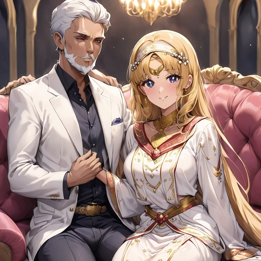 ((Highest quality)), ((masterpiece)), (detailed), (Perfect Face)、The woman is embraced by her daughter who has grown into a beautiful young woman who resembles her.、Mother and daughter、The woman is Tsukino Usagi, an Arab Muslim with vivid brown skin, and is wearing a gorgeous, glittering Arab national costume with gold embroidery, a gorgeous hijab, a gorgeous hair ornament, gorgeous jeweled accessories, and an engagement ring in a luxurious Islamic mansion. The woman and the man are sitting on a luxurious, large sofa in the luxurious room, and the woman is being held in the arms of a dignified, bearded, middle-aged Arab Muslim man wearing Arab national costume.、The woman is the elegant Tsukino Usagi, with long blonde hair in a chignon twin tail, wearing Arab national dress and a gorgeous hijab. She is a Muslim Arab with vivid brown skin.、(The woman is a brown-skinned Arab named Tsukino Usagi.)、The man is a Muslim, dignified, strong-looking, bearded, middle-aged Arab man wearing traditional Arab clothing.