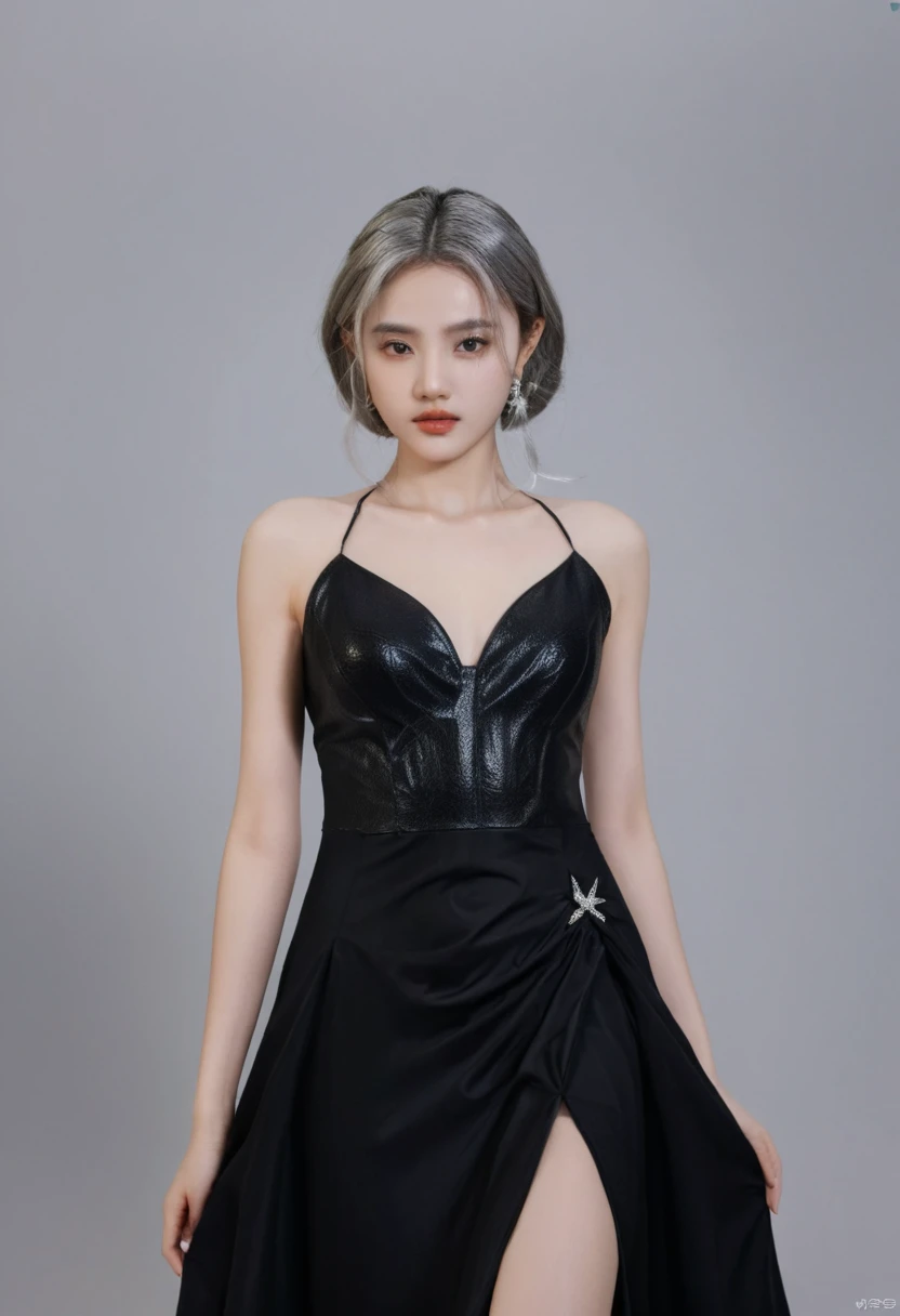 Curvy Dark-skinned Elf Princess、Silver Hair、Sexy body、masterpiece、Genuine、Real、A detailed black dress