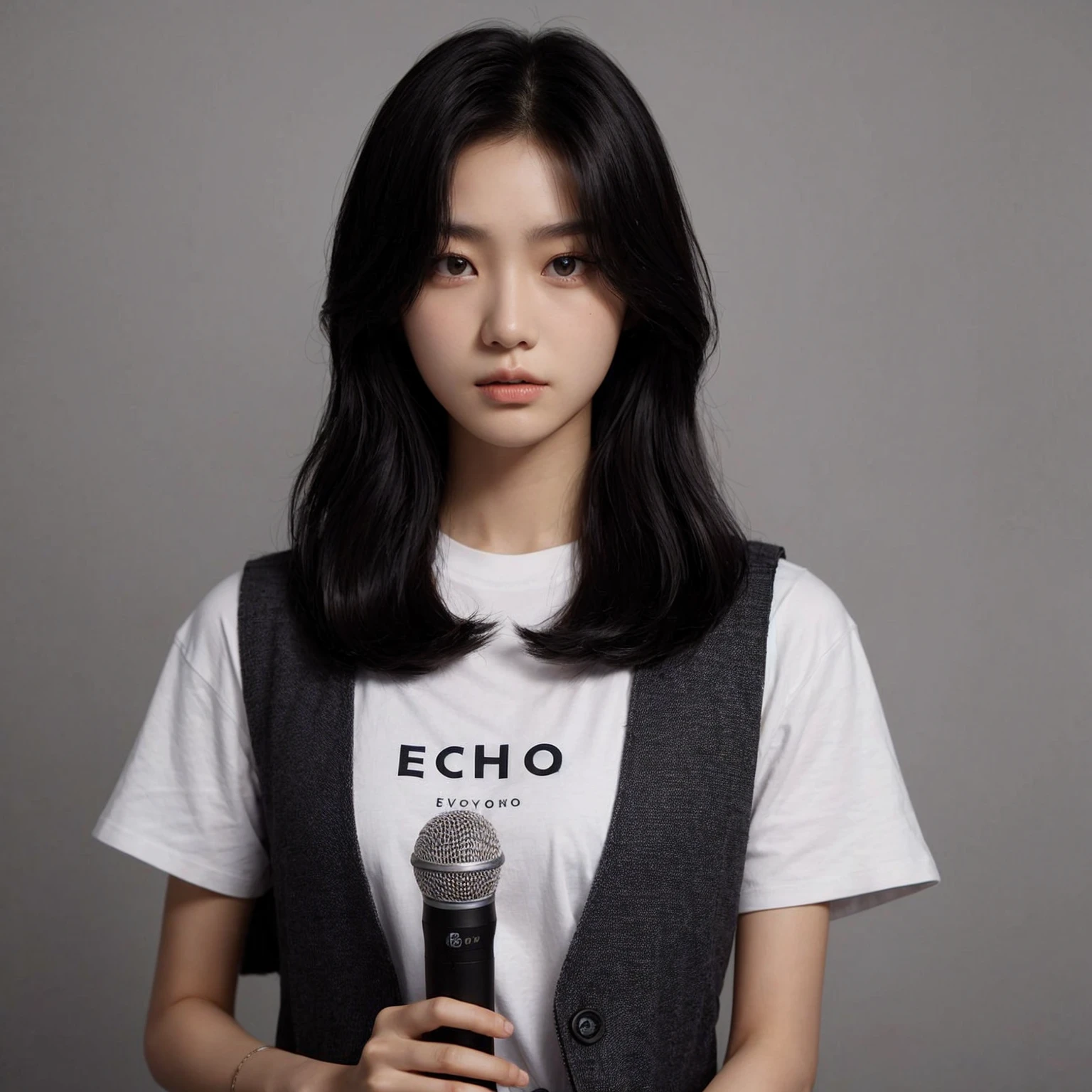 A 20-year-old Korean girl with long black hair, medium arm size, and a perfect body. She is wearing a plain white T-shirt with the word "ECHO" on it and a vest. With a serious expression, she looks at the camera while holding a microphone in one hand. Her other arm is straight at her side. The background is gray.