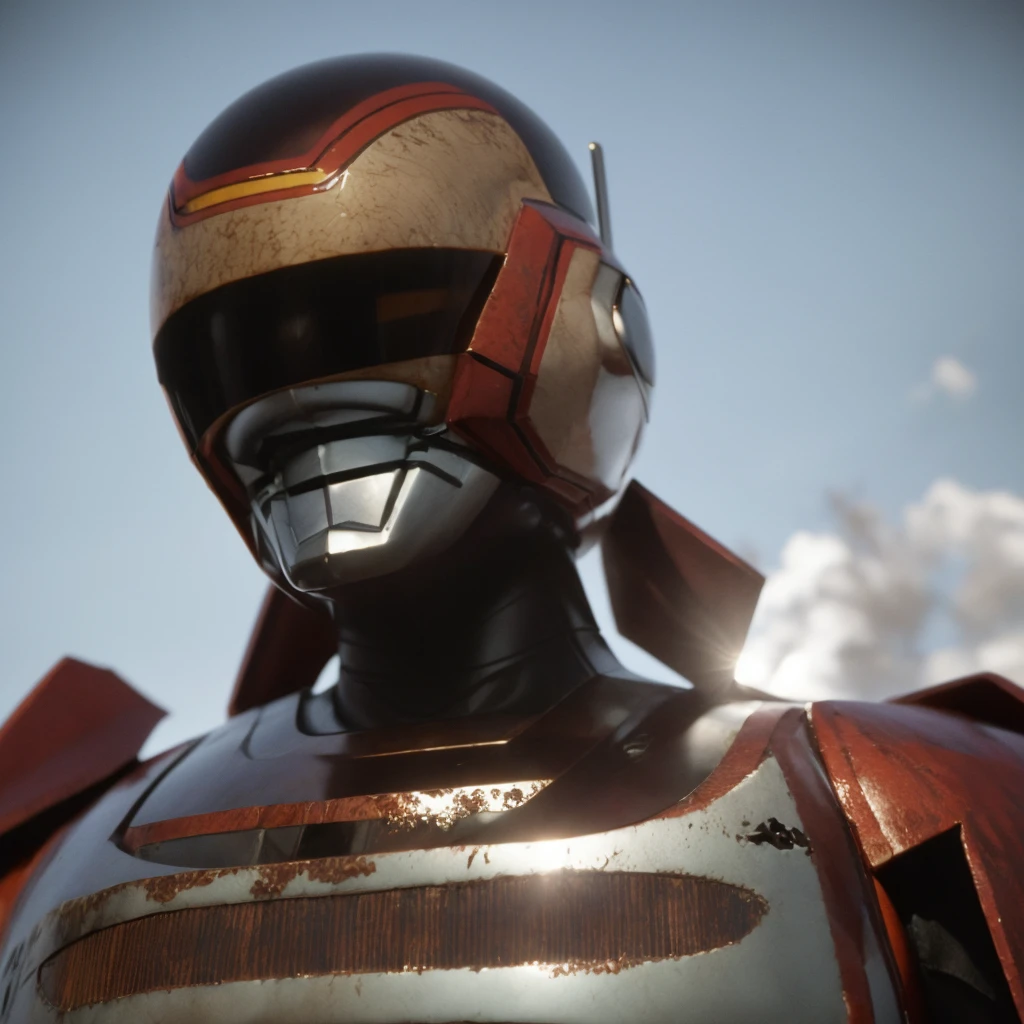 Cinematic film still Small deformation of JaspionQuiron in a rusty shipyard, haunting silence, action hero pose, shiny armor, . Shallow depth of field, vignettes, highly detailed, high budget Hollywood movies, blur, cinemascope, mood, epic, gorgeous, film grain, grainy.