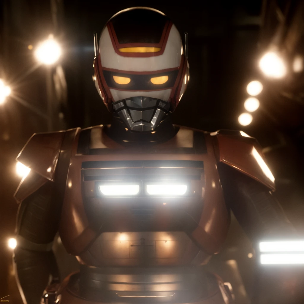 Cinematic film still Small deformation of JaspionQuiron in a rusty shipyard, haunting silence, action hero pose, shiny armor, . Shallow depth of field, vignettes, highly detailed, high budget Hollywood movies, blur, cinemascope, mood, epic, gorgeous, film grain, grainy.