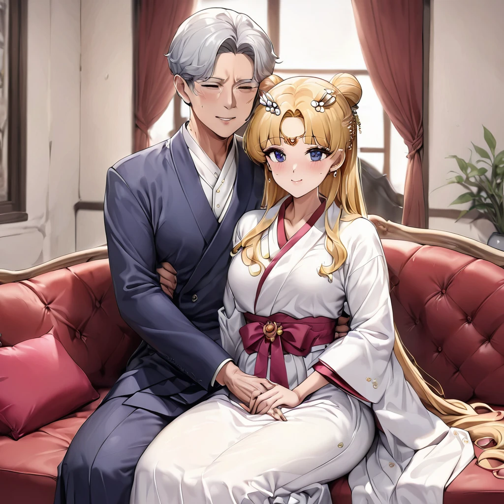 ((Highest quality)), ((masterpiece)), (detailed), （Perfect Face）、The woman is embraced by her daughter who has grown into a beautiful young woman who resembles her.、Mother and daughter、The woman is Korean Tsukino Usagi, and is wearing a gorgeous and dazzling traditional Korean dress called a hanbok (traditional Korean dress), a gorgeous hair ornament, gorgeous jeweled accessories, and an engagement ring in a luxurious Korean mansion. The man and woman are sitting on a large, luxurious sofa in the luxurious room, and the woman is being held in the arms of a dignified and sturdy middle-aged Korean man wearing hanbok.、The woman is the elegant Tsukino Usagi, a Korean woman with long blonde hair in a chignon twin tail, wearing the traditional Korean dress, Chima Chogori.、The man is a dignified, sturdy middle-aged Korean man wearing the traditional Korean dress, Hanbok.