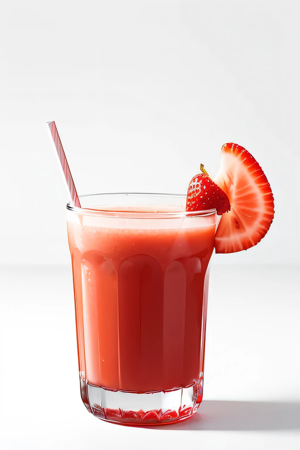 There is a transparent glass with a handle，There is strawberry juice in it，A straw is inserted，There is a strawberry on the rim of the cup，White background