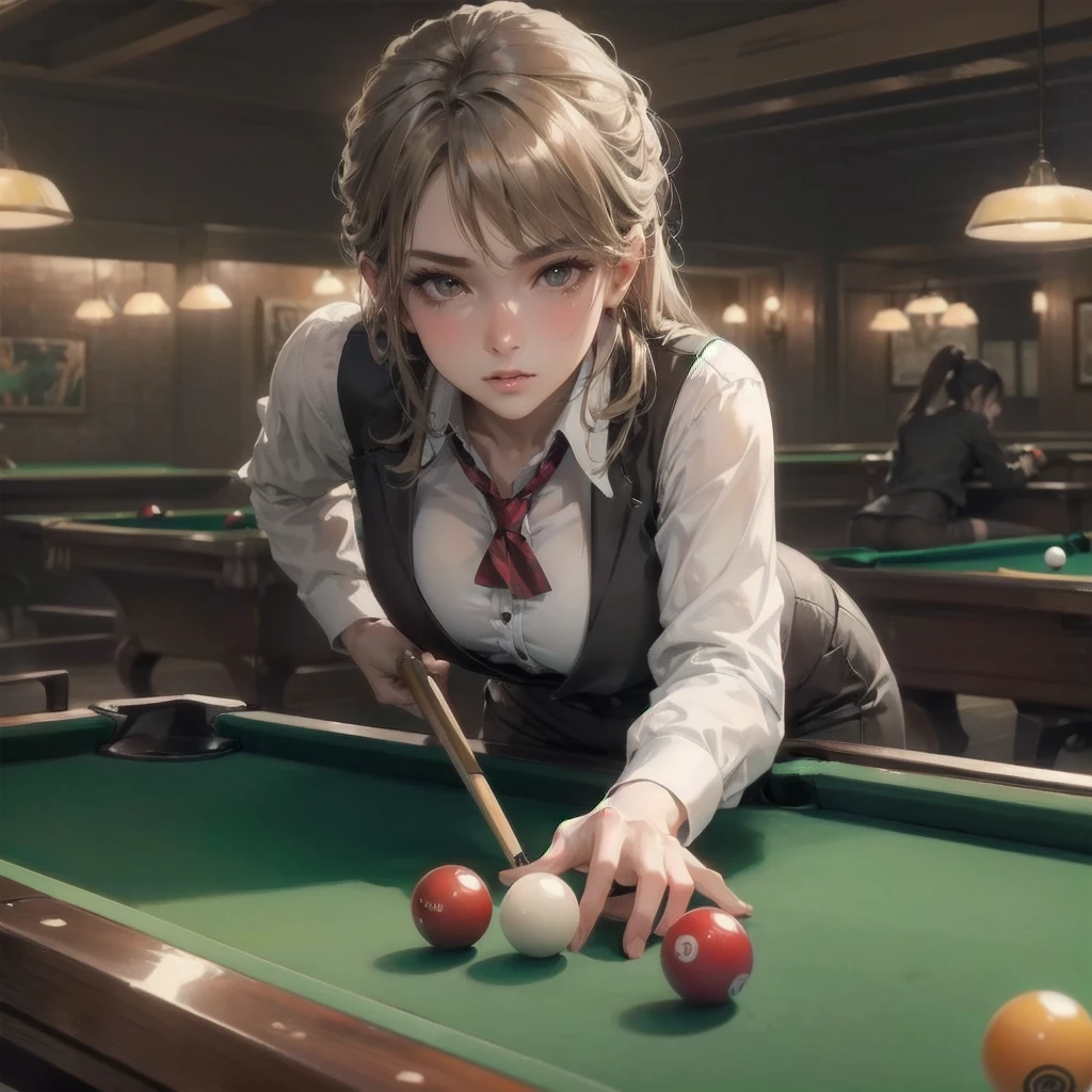 masterpiece, (textured skin), best quality, gorgeous beautiful girl, (a female billiard athlete), detailed clothes,large breasts,narrow waist,, (beautiful face), cinematic lighting, (at billiard venue ),