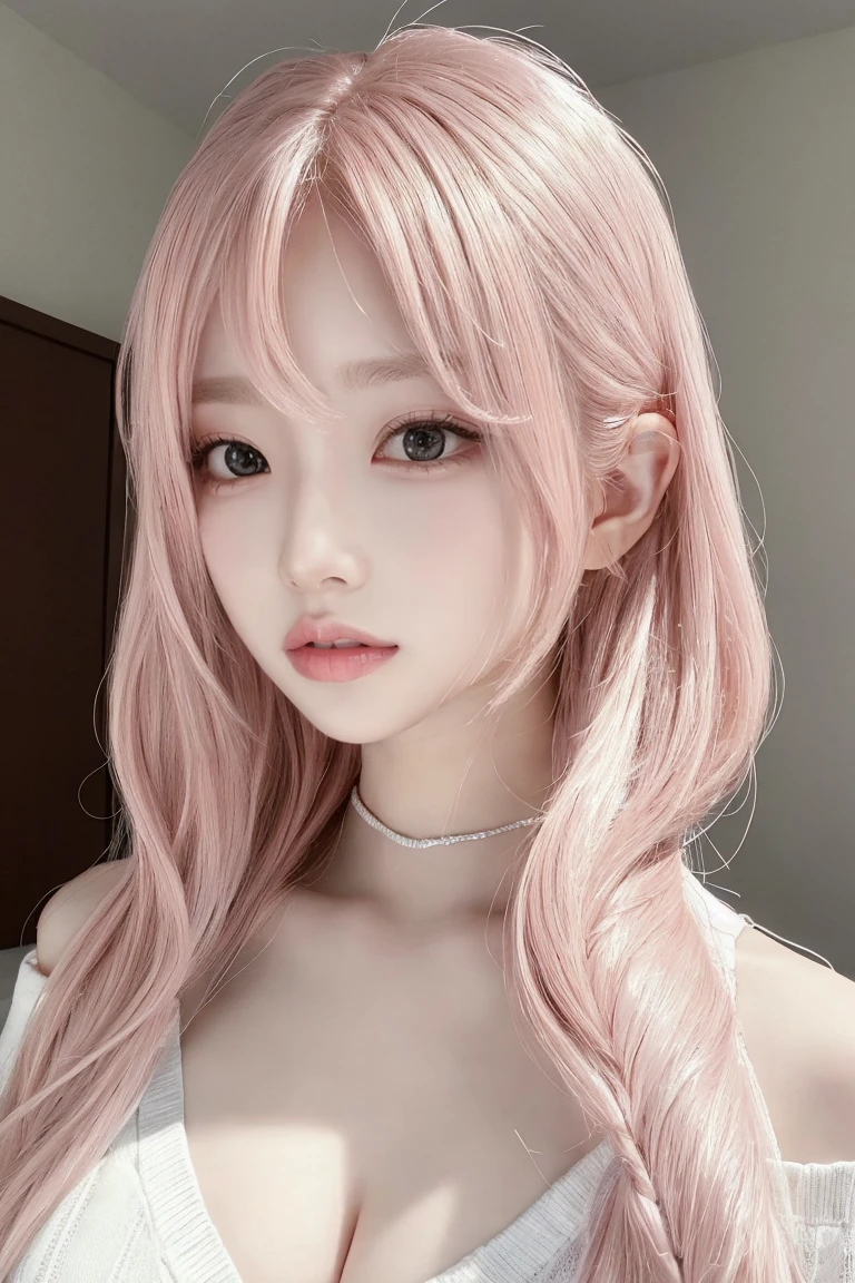 Pink Hair、masterpiece、Highest quality、Extremely detailed 8K、Ultra HD、Very detailedな、Very detailed、Very realistic、Photo realistic、Japanese、One Girl、High head rate、Beautiful realistic face、Realistic face in every detail、High detail, Realistic Hair、Beautiful and realistic hairstyles、Beautiful and realistic eyes、hVery detailed realistic eyes、Proportional eyes、HVery detailed pupils、Very detailedリアルな自然な眉毛、Very detailedリアルな唇、 Beautiful and realistic lips、Pink lipstick、Sexy lips、Realistic and well-proportioned breasts、Realistic medium sized breasts、Slim Abs、Very detailed皮膚、Full body image、White cable knit dress:1.1、Inside the university