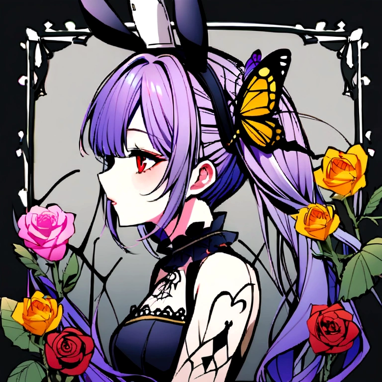 （vampire、teeth、Red eyes、One:1.5）、One Girl, animal, explosion, bee, 黒いflower, Black Rose, 青いbutterfly, Blue rose, bug, butterfly, butterfly hair ornament, 手元にbutterfly, flower, Green flower, Gray background, holding flower, leaf, Pink flower, Pink Roses, Portraiture, profile, Purple flower, Purple Rose, red flower, Red Rose, Rose, Rose print, silk, alone, Spider, Spider web, Menu Settings, desire., tattoo, Thorn, Traditional Media, White butterfly, white flower, White Rose, Yellow butterfly, Yellow flower, Yellow Rose, Twin tails、Pink Hair、Bunny ears