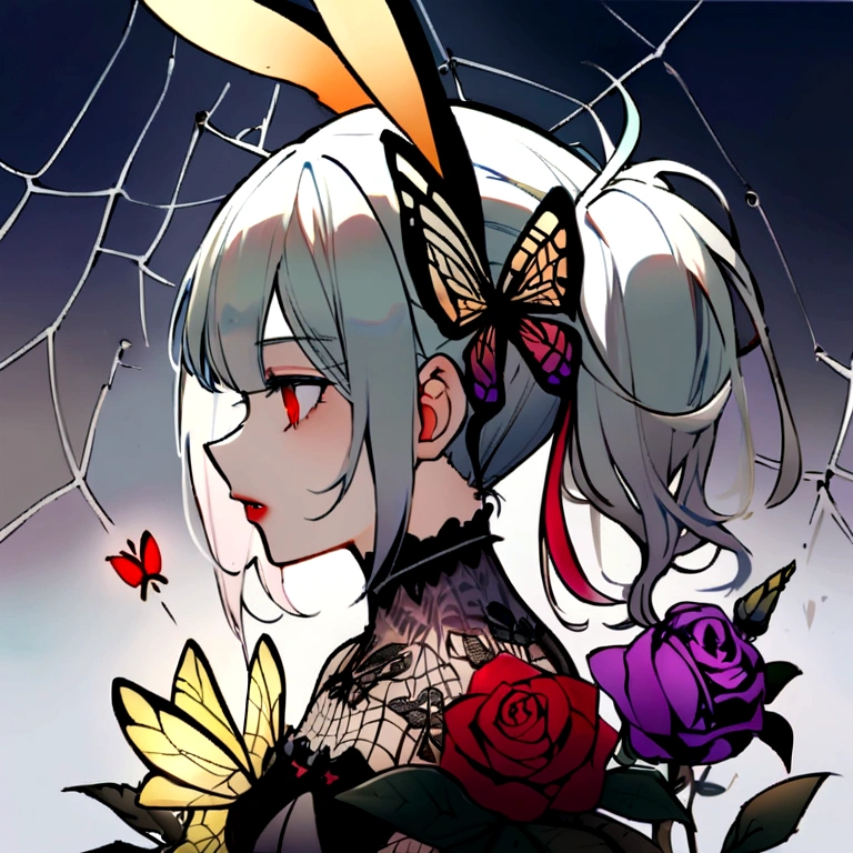 （vampire、teeth、Red eyes、One:1.5）、One Girl, animal, explosion, bee, 黒いflower, Black Rose, 青いbutterfly, Blue rose, bug, butterfly, butterfly hair ornament, 手元にbutterfly, flower, Green flower, Gray background, holding flower, leaf, Pink flower, Pink Roses, Portraiture, profile, Purple flower, Purple Rose, red flower, Red Rose, Rose, Rose print, silk, alone, Spider, Spider web, Menu Settings, desire., tattoo, Thorn, Traditional Media, White butterfly, white flower, White Rose, Yellow butterfly, Yellow flower, Yellow Rose, Twin tails、Pink Hair、Bunny ears