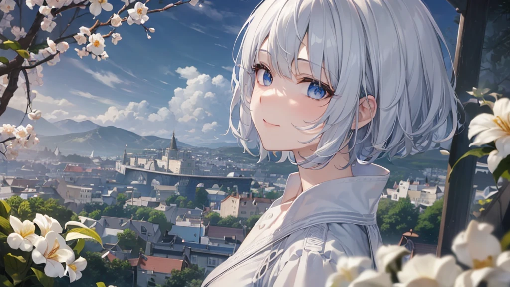 Ultra HD,Look at the viewers, Put your hands behind your back, With a girl, 20-year-old, 非常にShort Hair, Long bangs between the eyes, Pale blue eyes, Very detailed,(masterpiece、Highest quality),Gray Hair、Laughter、Fantastic, Silver Hair, Iris, Short hair、 Fluttering Hair、Small Face、明るいsmile、(Detailed face) ,Professional Lighting,Wonderful landscape,blue sky, sunlight,Looking down from above,Portraiture、Open your mouth、Flower Field、Her eyes were shining、Mysterious and enchanting atmosphere。With AI Painting、とてもShort Hair, Long bangs between the eyes, Very detailed,(masterpiece、Highest quality)、alone、Gray Hair、Fantasy, Silver Hair, Fantasyな風景、White shirt、smile、Open your mouth、short hair、Short Hair、hairpin、black eye、Grey Eyes、Beautiful Eyes、