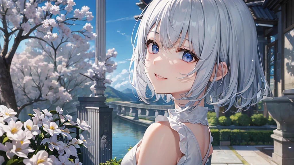 Ultra HD,Look at the viewers, Put your hands behind your back, With a girl, 20-year-old, 非常にShort Hair, Long bangs between the eyes, Pale blue eyes,  Very detailed,(masterpiece、Highest quality),Gray Hair、Laughter、Fantastic, Silver Hair, Iris,  Short hair、 Fluttering Hair、Small Face、明るいsmile、(Detailed face) ,Professional Lighting,Wonderful landscape,blue sky, sunlight,Looking down from above,Portraiture、Open your mouth、Flower Field、Her eyes were shining、Mysterious and enchanting atmosphere。With AI Painting、とてもShort Hair, Long bangs between the eyes, Very detailed,(masterpiece、Highest quality)、alone、Gray Hair、Fantasy, Silver Hair, Fantasyな風景、White shirt、smile、Open your mouth、short hair、Short Hair、hairpin、black eye、Grey Eyes、Beautiful Eyes、
