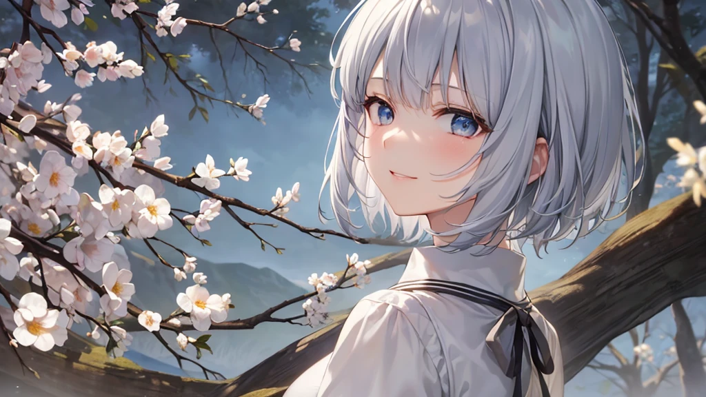 Ultra HD,Look at the viewers, Put your hands behind your back, With a girl, 20-year-old, 非常にShort Hair, Long bangs between the eyes, Pale blue eyes,  Very detailed,(masterpiece、Highest quality),Gray Hair、Laughter、Fantastic, Silver Hair, Iris,  Short hair、 Fluttering Hair、Small Face、明るいsmile、(Detailed face) ,Professional Lighting,Wonderful landscape,blue sky, sunlight,Looking down from above,Portraiture、Open your mouth、Flower Field、Her eyes were shining、Mysterious and enchanting atmosphere。With AI Painting、とてもShort Hair, Long bangs between the eyes, Very detailed,(masterpiece、Highest quality)、alone、Gray Hair、Fantasy, Silver Hair, Fantasyな風景、White shirt、smile、Open your mouth、short hair、Short Hair、hairpin、black eye、Grey Eyes、Beautiful Eyes、