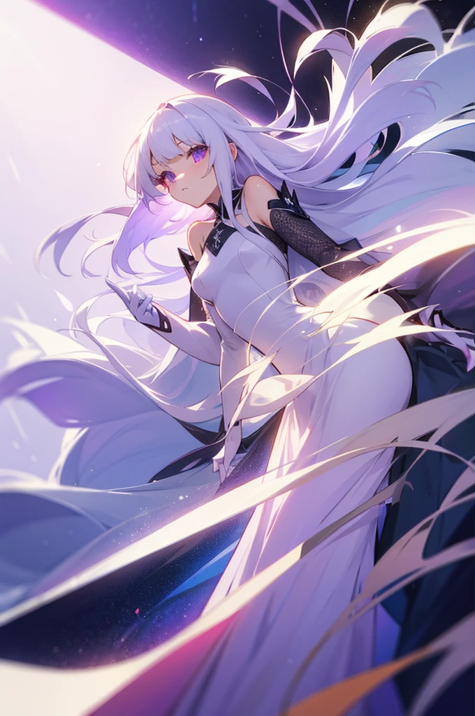 Moon ,Moongazer, 1girl in, Cute, Water, Smile, Asian, Face seen from the side, Fish, Orion, flowingwater, divine ,White hair , Blonde hair ,Purple eyes, dutch_Angle, from a_Below, Floating hair, Large_breasts, Elbow_gloves, floating dress, flowing lace, halterneck,