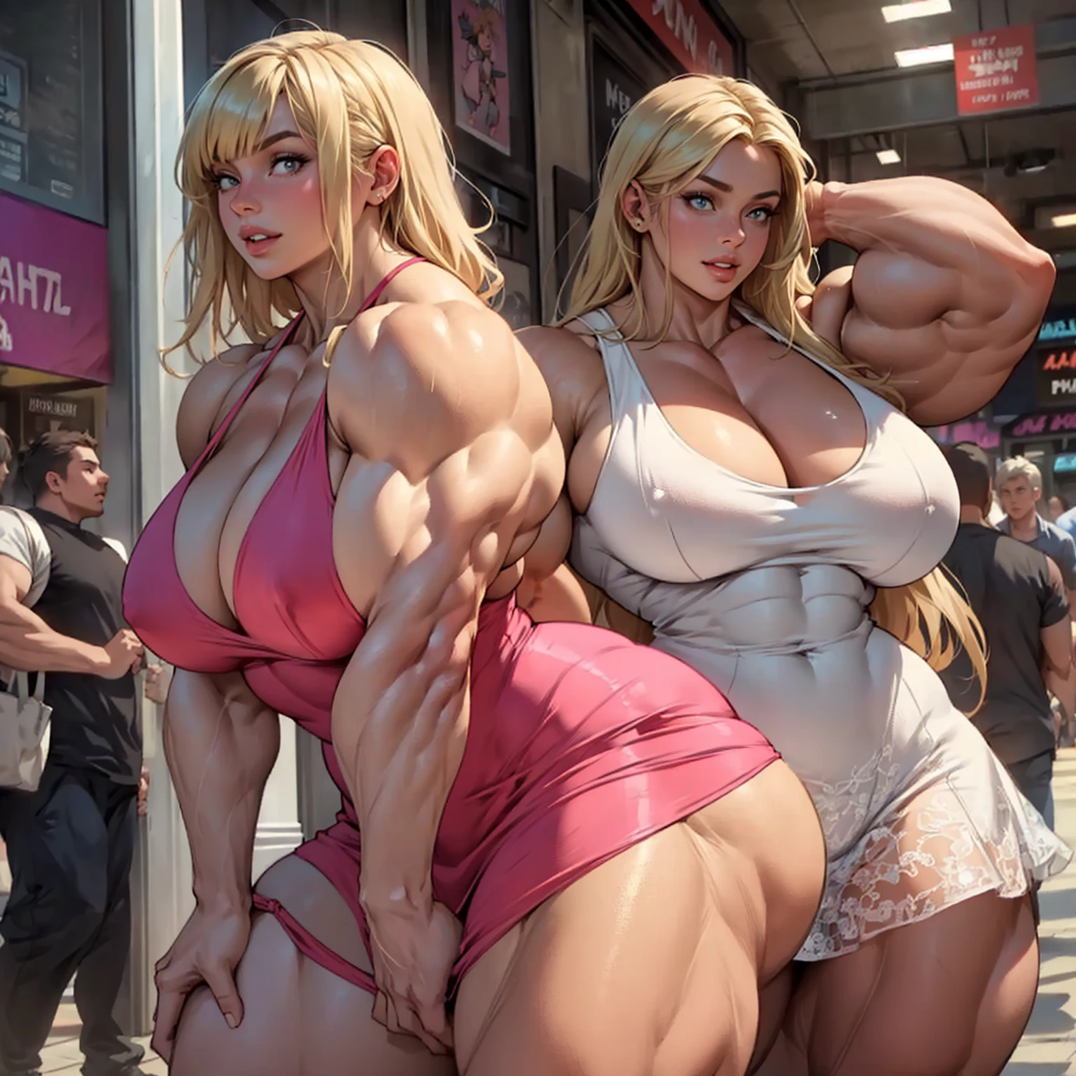 (masterpiece, detailed, realistic:1.2), young woman, girl, (hypermuscle:1.8), massive ass, massive thighs, cute smile, cute, fringe, skimpy pink dress, cute pose, (huge lips), crowded mall, shocked onlookers, blonde hair
