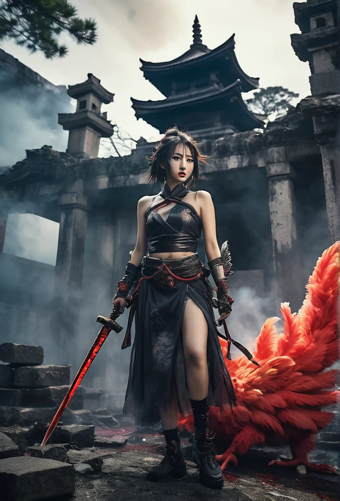 a blood girl, and a big bird, made of smoke, wearing a warrior outfit complete with armor floating around the ruins of an ancient temple, inspired by Japanese gods, carrying a big god sword, temple background, Japan, dark, horror vibes, gothic, smoke, fire, big add some big snakes behind, Japanese mythical gods, evil smile, crazy eyes, blindfold, fuji colors, high detail, high quality, accurate