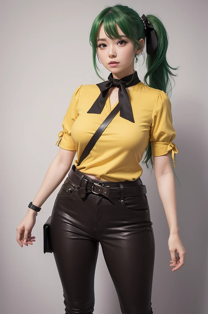 Create a character for my game, She must wear a simple yellow blouse with no details, the sleeve of the blouse must be up to the elbow of her arm, she must wear a bow tied around her waist,item or torso up, has big, thick legs, wears tight brown pants and black boots, art style in realistic drawing style + アニメ, pasty and simple colors, character without much detail, green hair in a ponytail