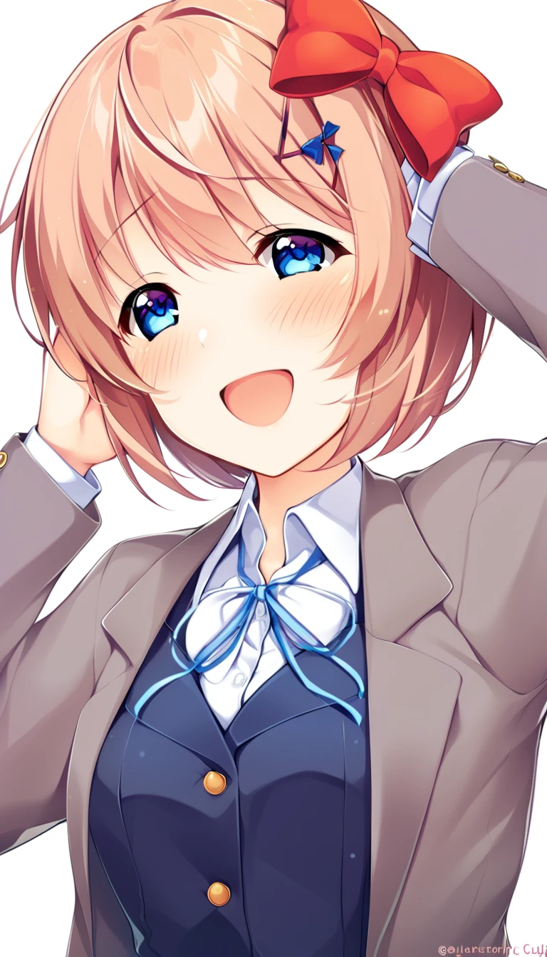 one girl, lovely, blazer, Sayori, my childhood friend, cute, short hair, blush, light blue eyes, hair bow, cheerful girl, smile at me, fascinating, laugh cutely, open mouth, girl is stroked her head