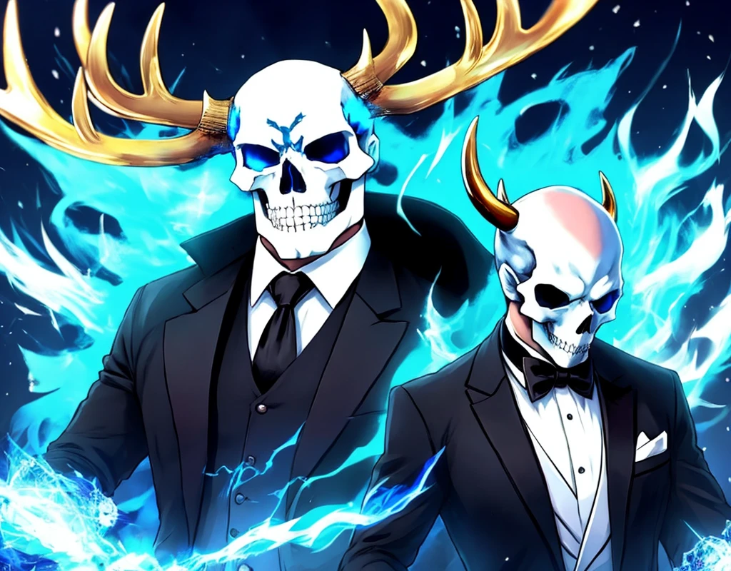 skull dressed in tuxedo with antlers and blue flames, with an bull skull for a head in a anime the skull is bald