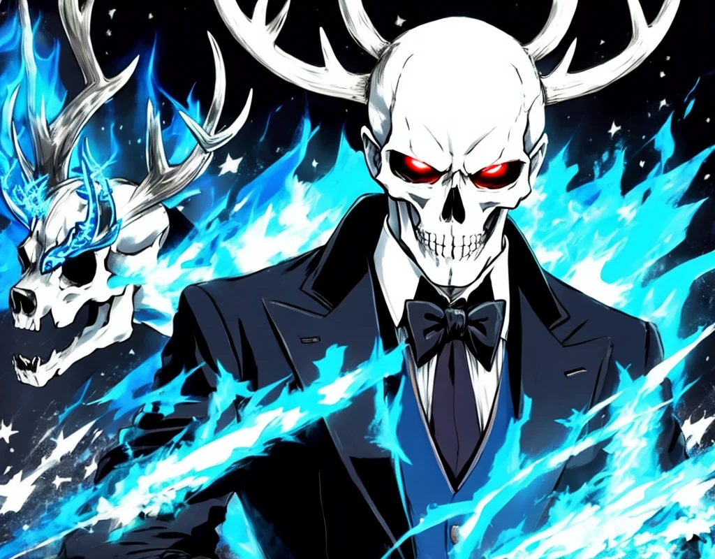 skull dressed in tuxedo with antlers and blue flames, with an bull skull for a head in a anime the skull is bald