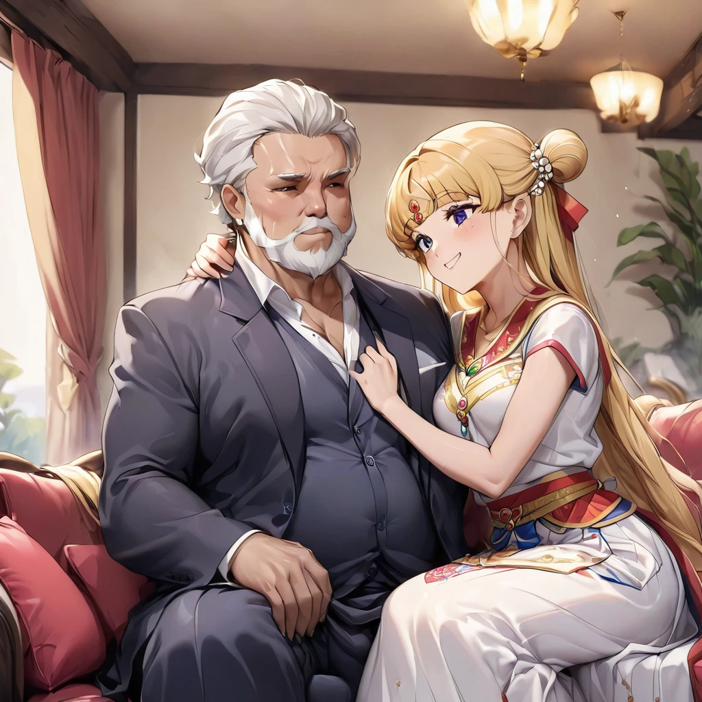 ((Highest quality)), ((masterpiece)), (detailed), (Perfect Face)、The woman is embraced by her daughter who has grown into a beautiful young woman who resembles her.、Mother and daughter、The woman is Mongolian Tsukino Usagi, wearing a gorgeous and colorful Mongolian national dress called Dale in a Mongolian mansion, with gorgeous jeweled accessories and an engagement ring. The woman and the man are sitting on a luxurious, large sofa in the luxurious room, and the woman is being held in the arms of a dignified, bearded, middle-aged Mongolian man wearing a Mongolian national dress.、The woman is the elegant Tsukino Usagi, with her long blonde hair in a chignon twin tail, and wearing the colorful Mongolian national costume, the Mongolian Tsukino Usagi.、The man is a dignified, sturdy, bearded Mongolian man wearing Mongolian national dress.