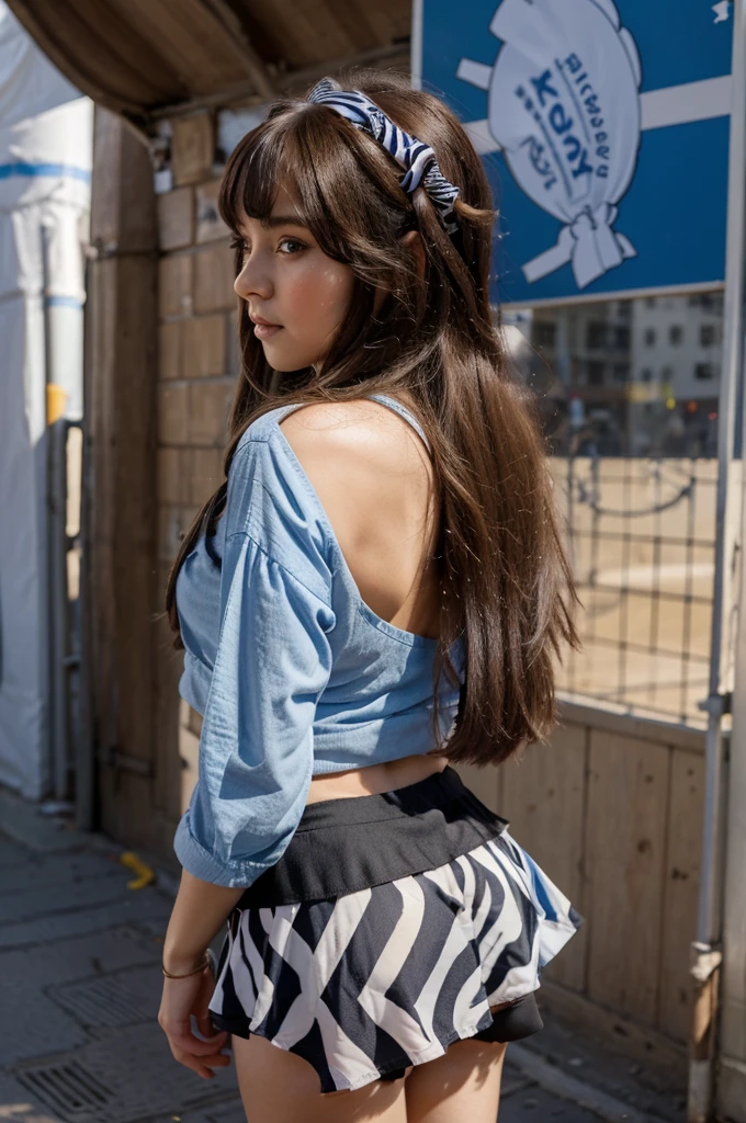 girl with long hair wearing a mini skirt and a ribbon on top of her hair with a handsome man with curtain bangs who is watching her from behind in awe. The background is a beautiful, blue zebra crossing.
