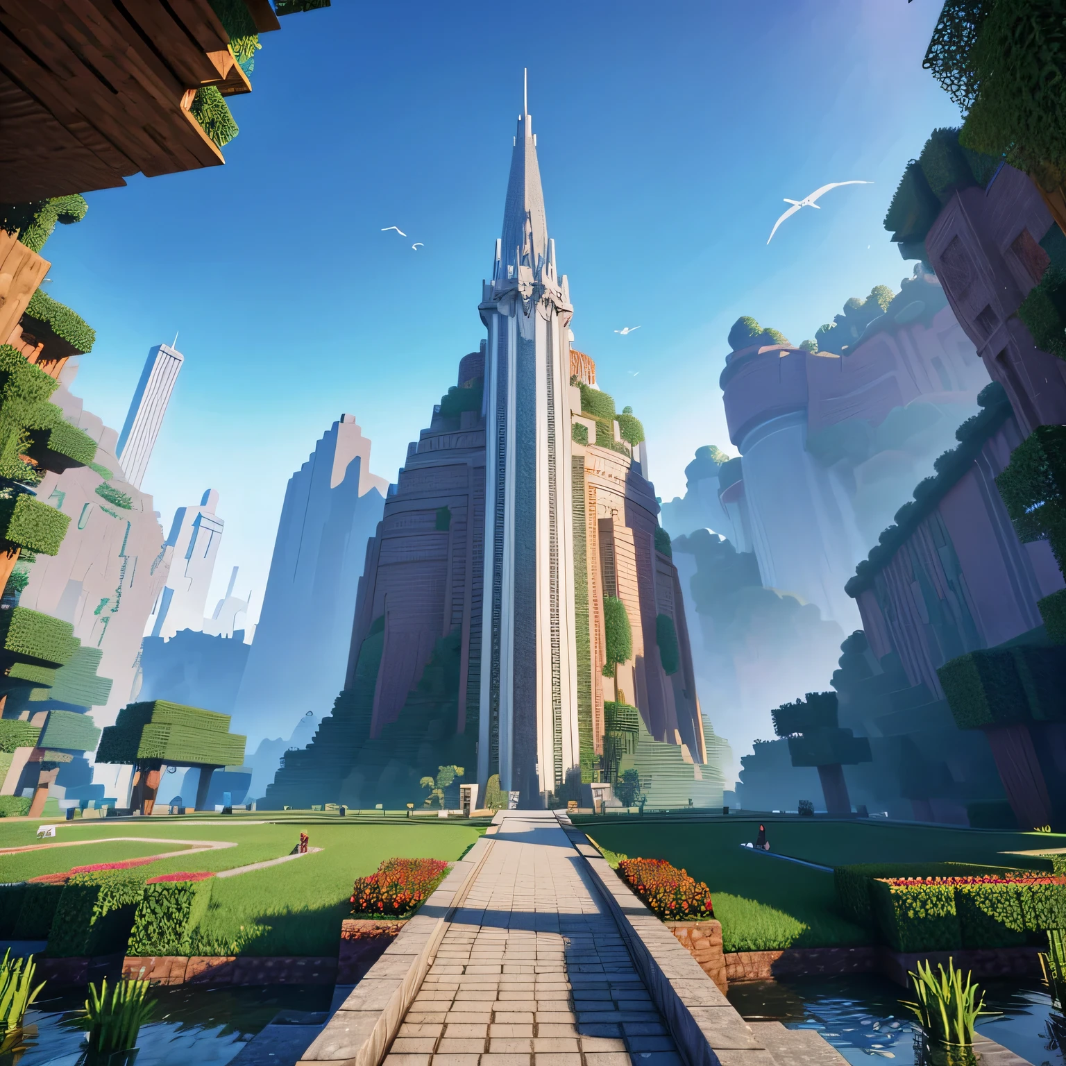 Minecraft style background　Scenery of dawn　Swords crossing　
