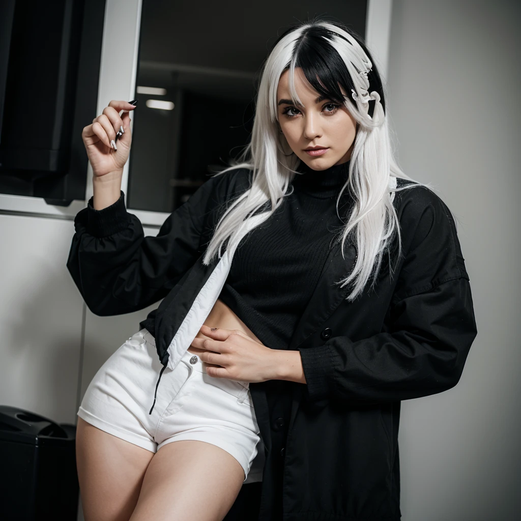 Woman with black and white hair wearing black clothes 