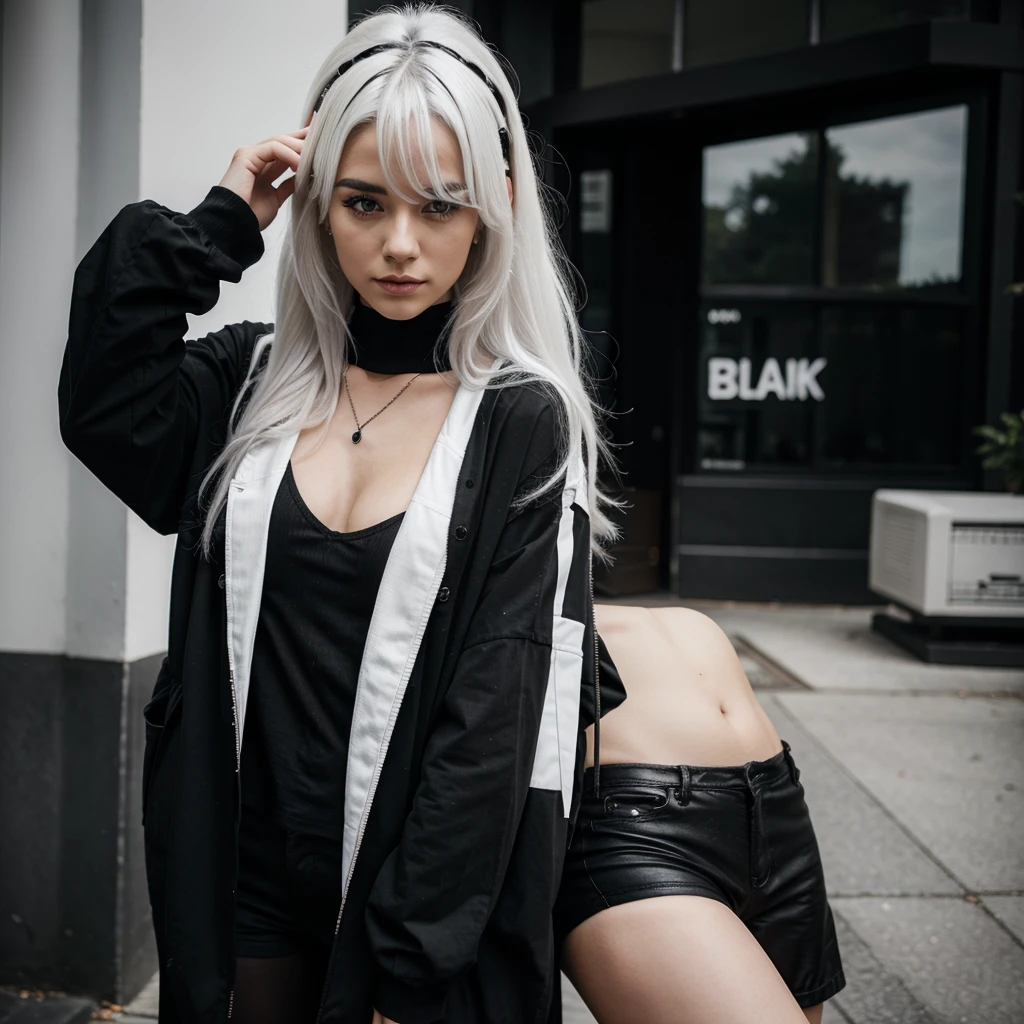 Woman with black and white hair wearing black clothes