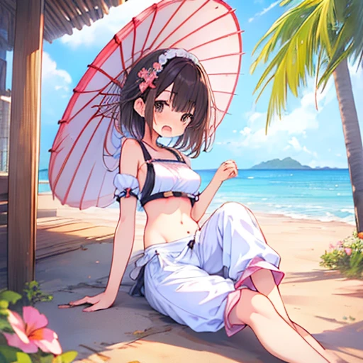 ((日本人のgirl1人、aldult)), ( small)), Black Hair、Brown Hair、masterpiece, 最high quality, high quality, Highly detailed 8K wallpapers,Beach parasol、Pink Hair、Tropics、Extreme heat、Heavy breathing、breathe、Sweat、Head ornament、cute girls、Cute Maid、Bold Pose、(Open your mouth、Small double tooth)、Big nipples、Waiting for orders、No fixes、Wave、(girl、classmate、Squid Belly、Wearing pink)、（No underwear）、Beautiful flat breasts、（激しいSweat）、(Saliva volume:1.4）、(Elementary school girl、Cute belly、Before menarche、Abdominal distention、Cute Pants）、（stroking the stomach:2）、(A comfortable face、Beautiful Face）、（serving）、（Trembling in the lower back:2）、Life-size、In front of the camera、Walk with your feet together