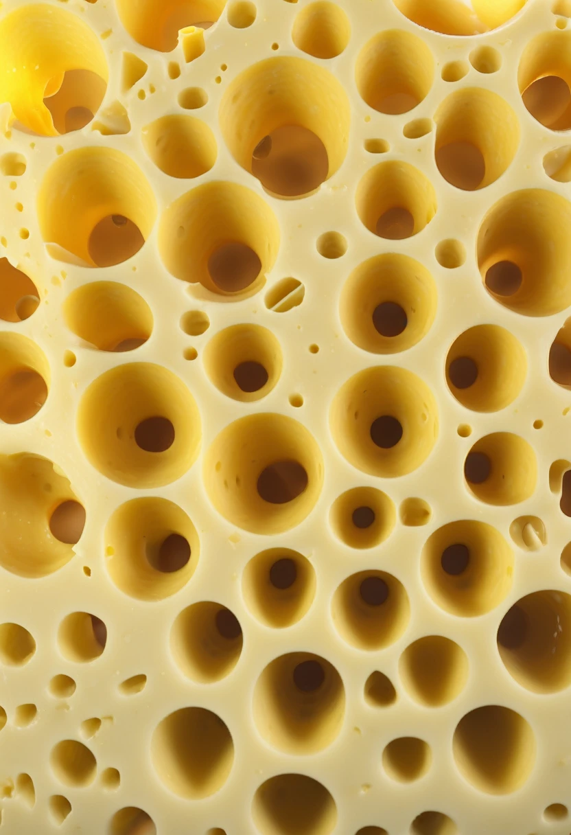 microscopic shot of swiss cheese, ultra detail, 8k, Equal size holes in cheese